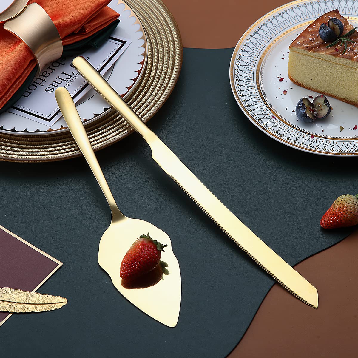 Gold Wedding Cake Knife and Server Set - Stainless Steel Cake Cutting Set for Wedding Ceremonies, Anniversaries & Parties - Elegant Cake Cutter & Server with Dishwasher Safe Shiny Gold Finish - Perfect for Wedding Cakes, Birthday Parties & Special Celebrations