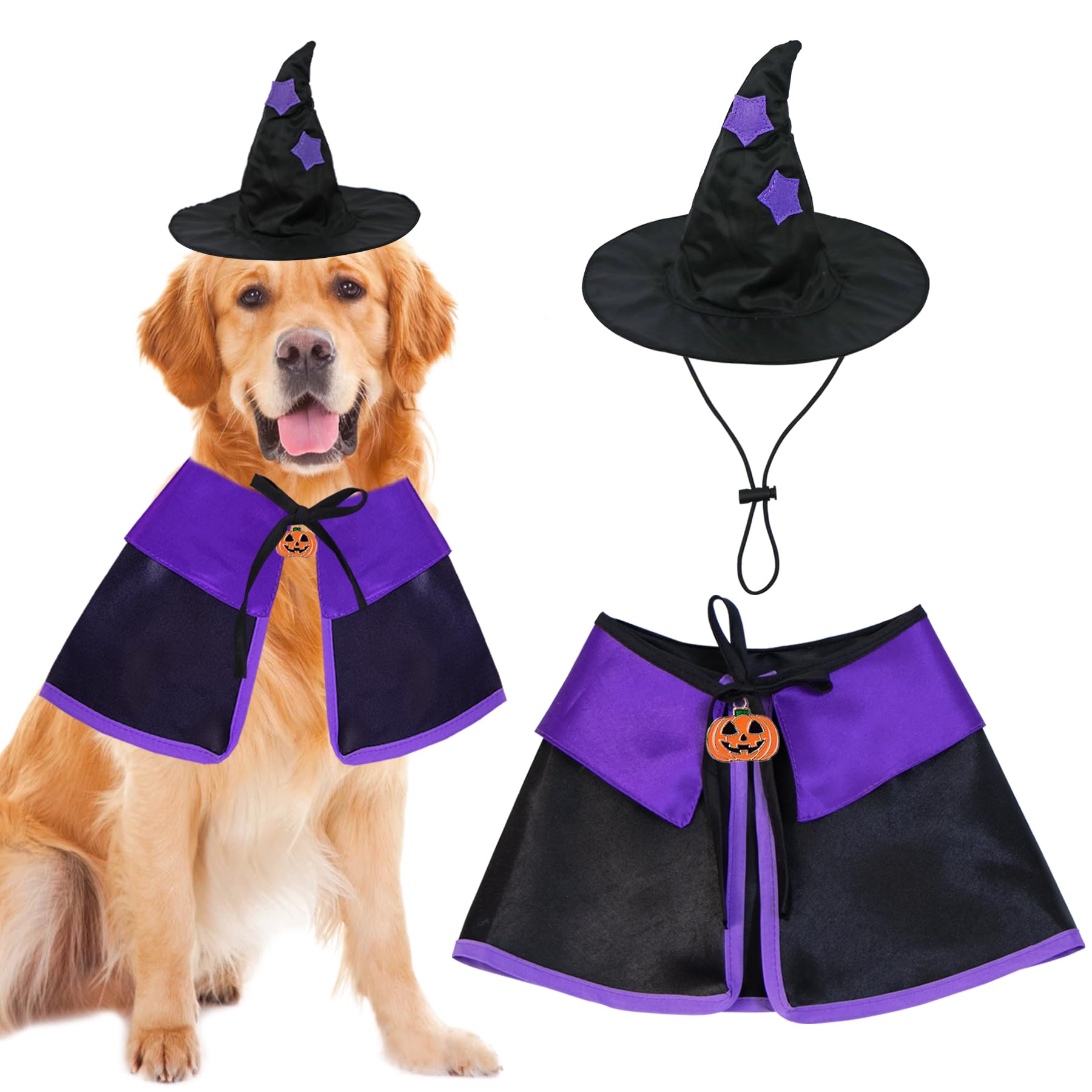 Halloween Dog Costume - Witch Cloak Cape with Wizard Hat for Small, Medium & Large Dogs | Pet Halloween Outfit for Parties & Trick-or-Treating