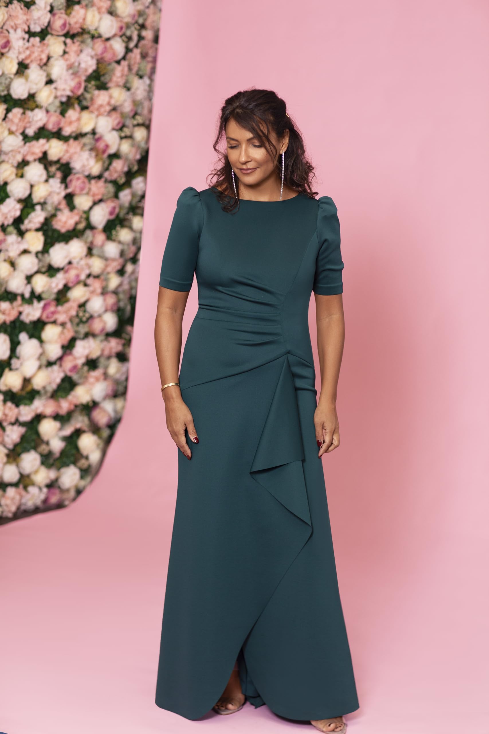 Xscape Women's 3/4 Sleeve Long Scuba Dress with Side Ruching - Slim Fit Stretchy Bodycon Dress for Cocktail Party, Date Night & Special Occasions