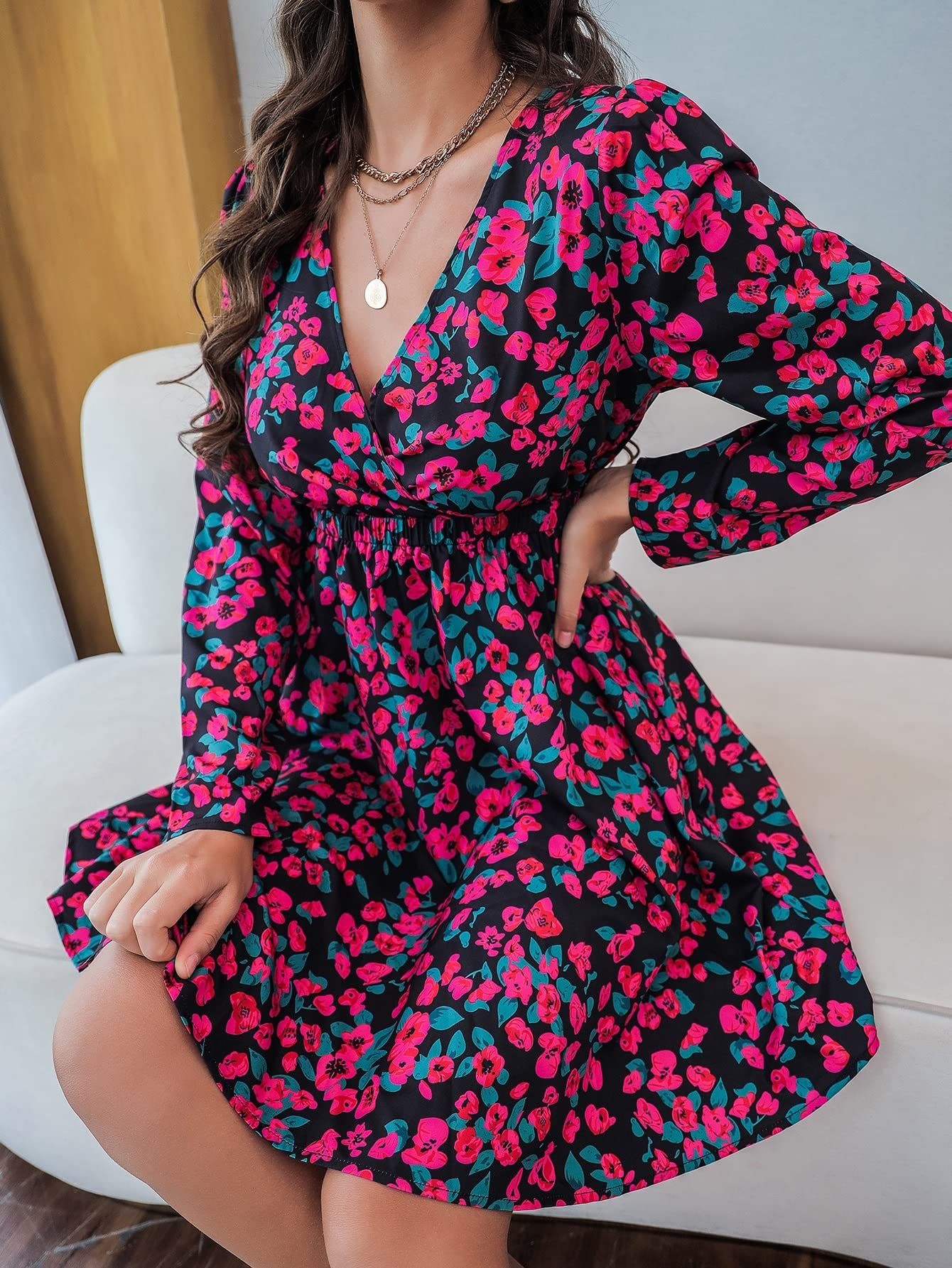MAPAF Floral Print Neck Elastic Waist Dress - Women's Boho Chic Summer Dress for Beach Vacation, Party & Casual Wear