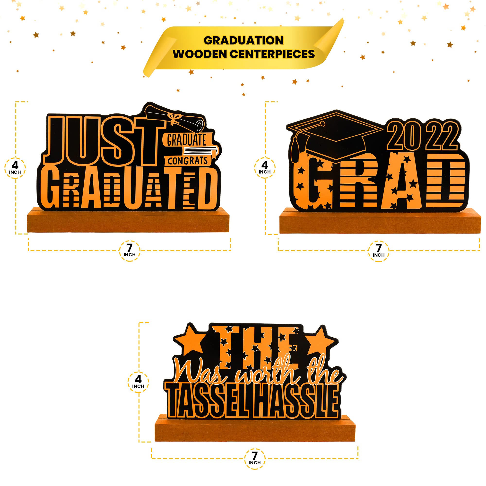 3-Piece Graduation Table Centerpieces Set 2022 - Wooden Graduation Decorations for Party, Black & Orange Graduation Theme Table Decor | Perfect for High School & College Graduation Ceremonies, Graduation Parties & Banquet Decorations