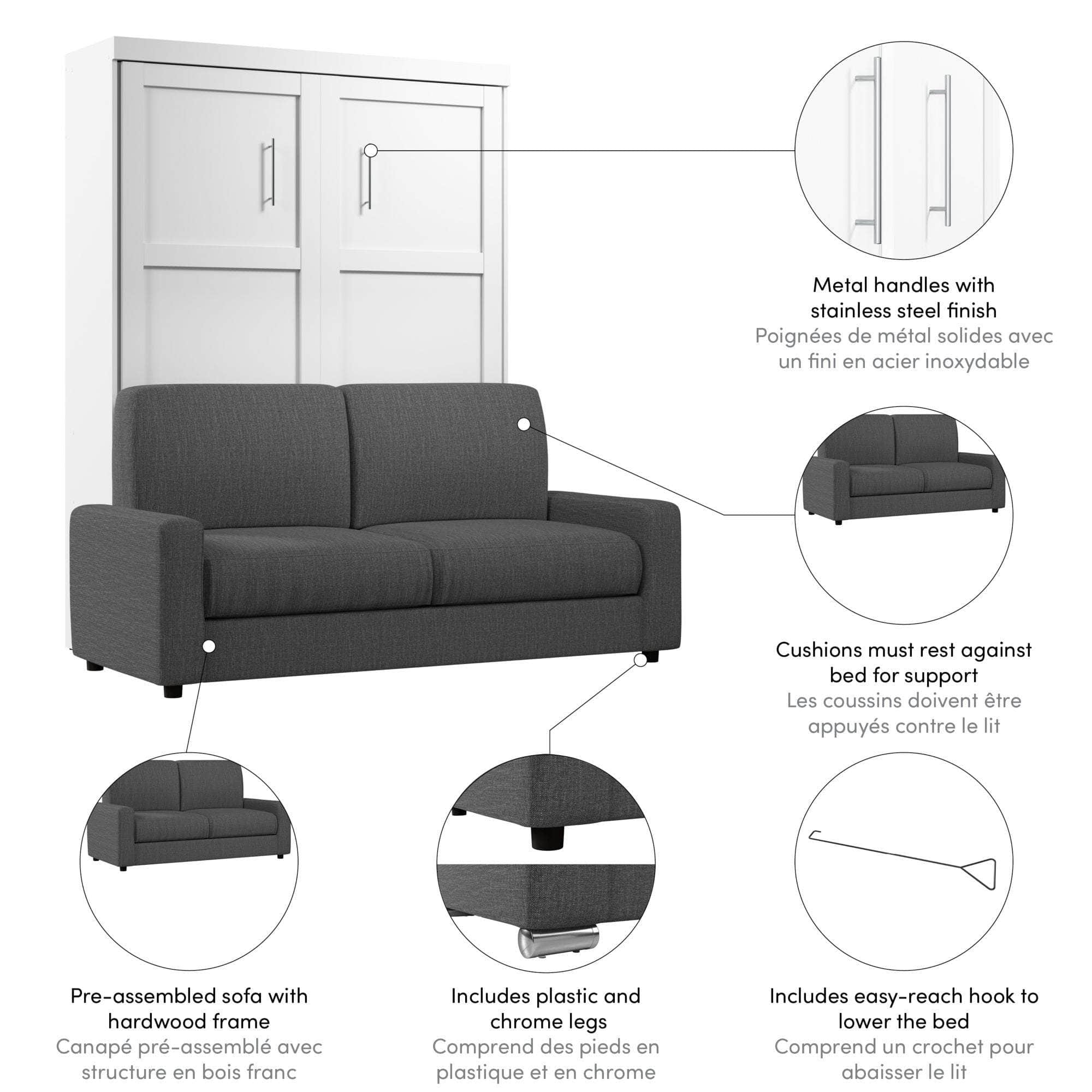 Queen Murphy Wall Bed with Sofa in White - Space-Saving Foldable Bed for Small Apartments, Guest Rooms & Home Offices