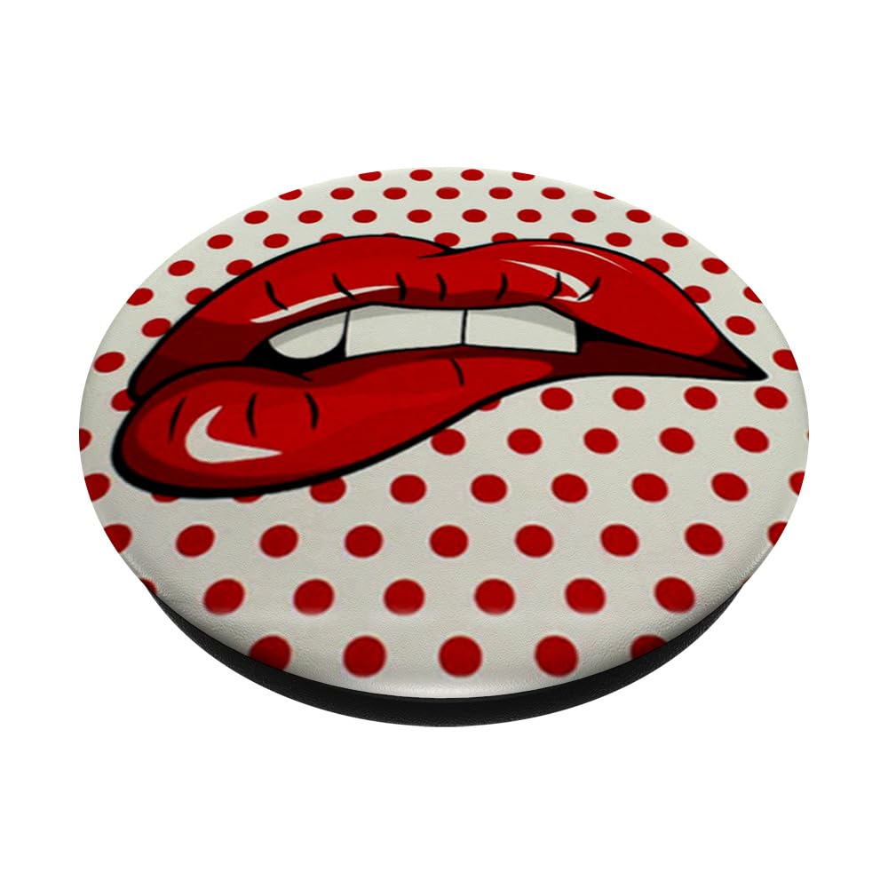 Red White Polka Dot PopSockets PopGrip with Biting Red Lips Design - Swappable Phone & Tablet Grip with Strong Adhesive - Perfect for Selfies, Video Calls, and Secure Device Handling
