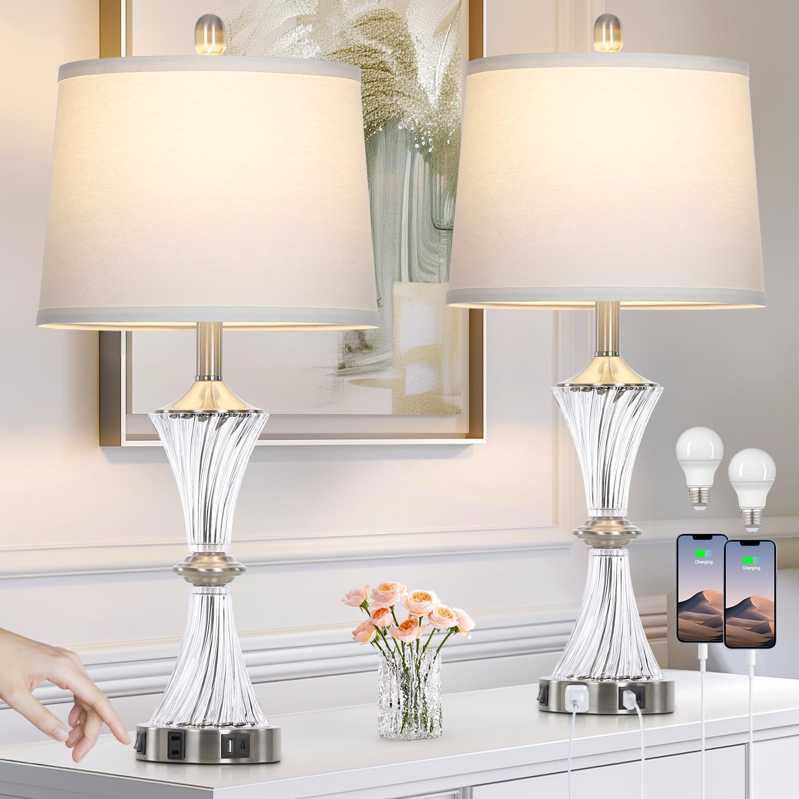 Rinweey 2-Pack Crystal Glass Table Lamps with USB C/A Ports & AC Outlet - Modern White Clear Silver Nightstand Lamps for Bedroom, Living Room - Includes LED Bulbs | Perfect for Reading, Decor, and Ambient Lighting