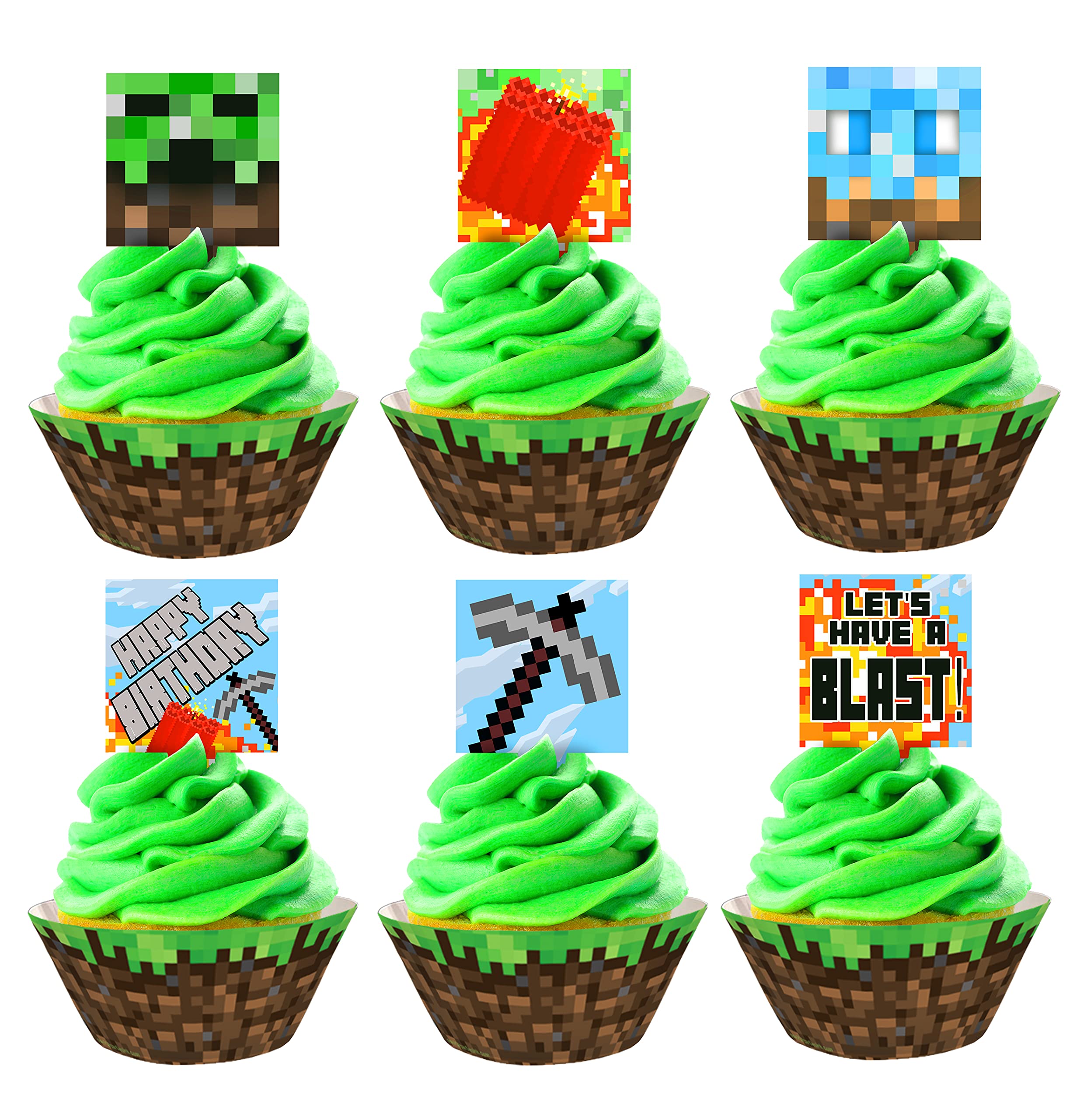 48-Piece Pixel Cupcake Toppers and Wrappers Set - 24 Toppers & 24 Wrappers - Pixel Party Decorations for Birthday, Baby Shower & Game Themed Events - Perfect for Minecraft, Video Game & 8-Bit Parties