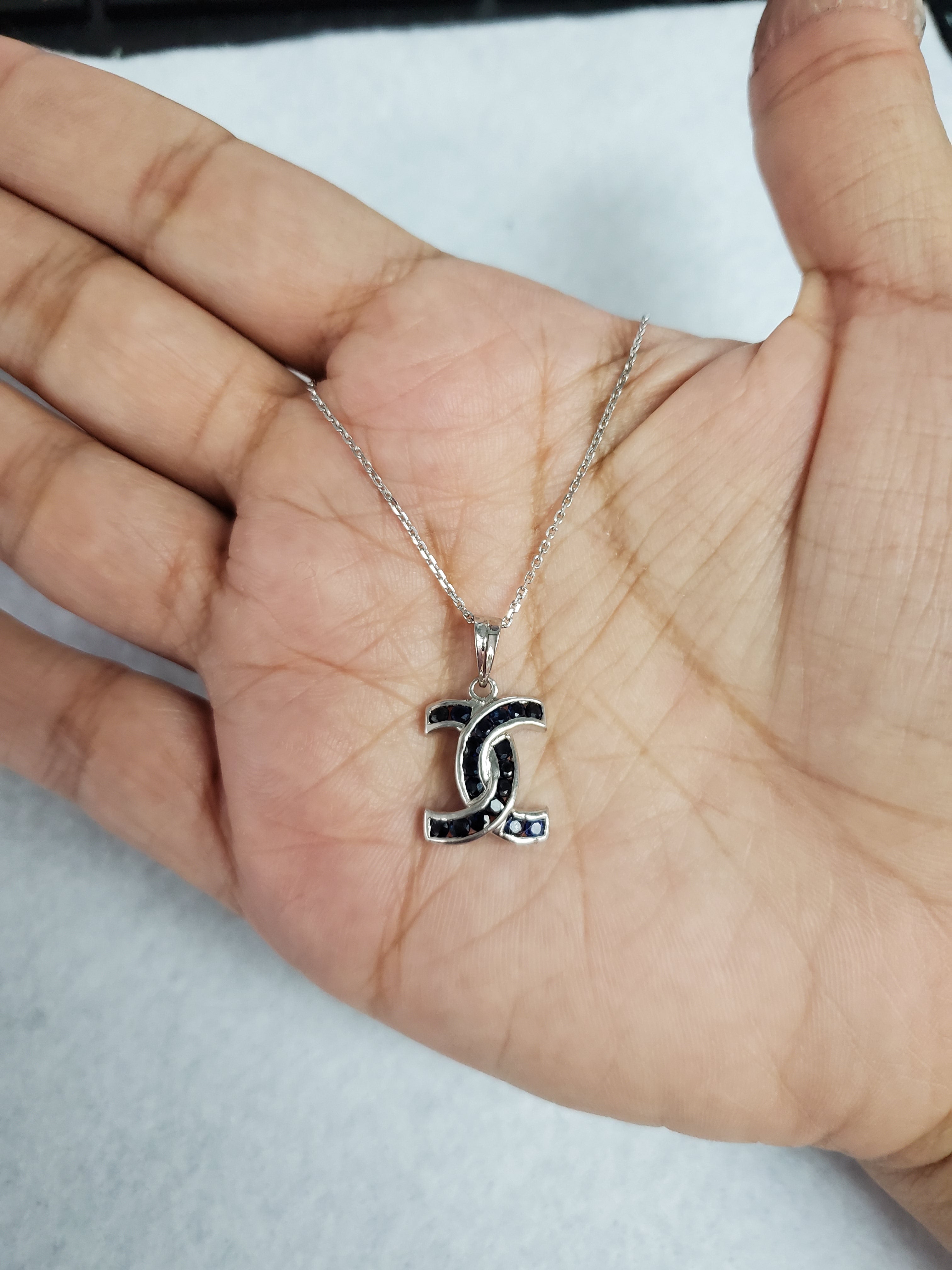 14k White Gold Sapphire Double 'C' Necklace - Elegant Pendant for Women, Perfect for Valentine's Day Gifts, Anniversary & Special Occasions