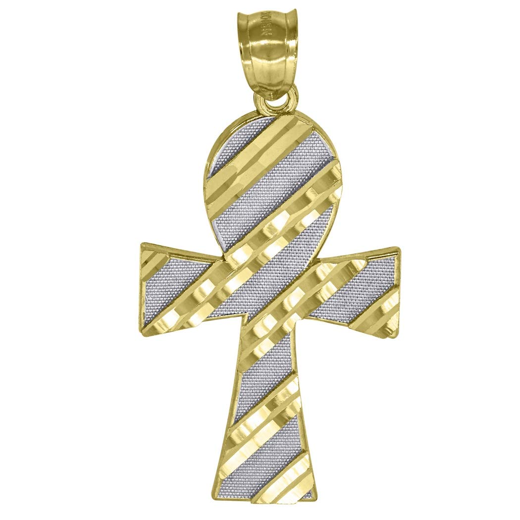 10K Gold Two-Tone Textured Ankh Pendant Necklace for Men - Religious Charm Jewelry Gift - 46.3mm Height x 23.2mm Width - Perfect for Spiritual Protection, Meditation & Everyday Wear