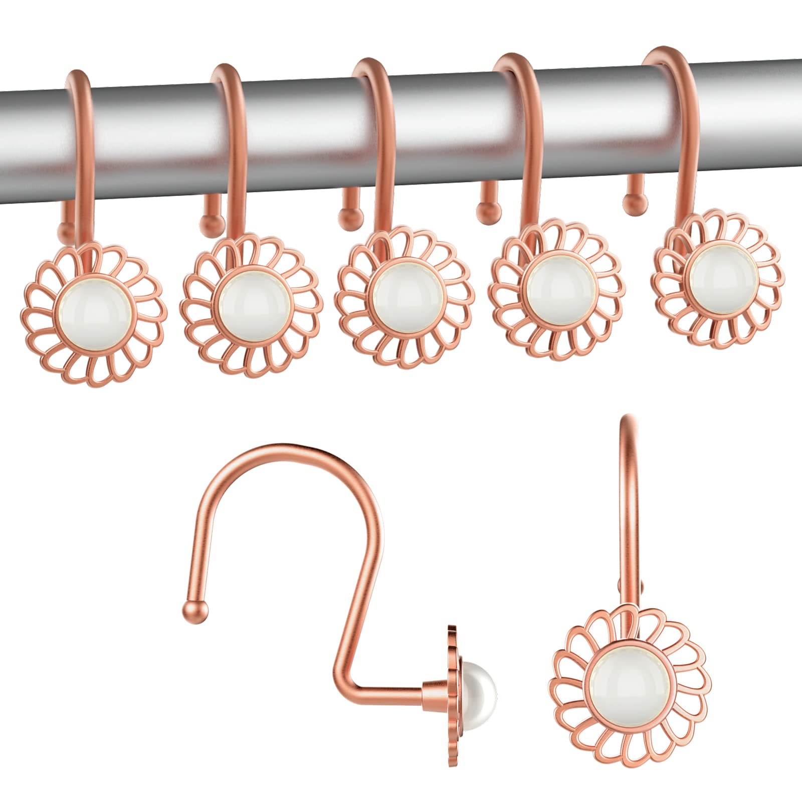 12 Pack Heavy Duty Metal Shower Curtain Hooks - Vintage Rustproof Decorative Rings with Pearl & Rose Gold Finish for Bathroom Shower Rods | Perfect for Modern, Farmhouse & Boho Bathroom Decor