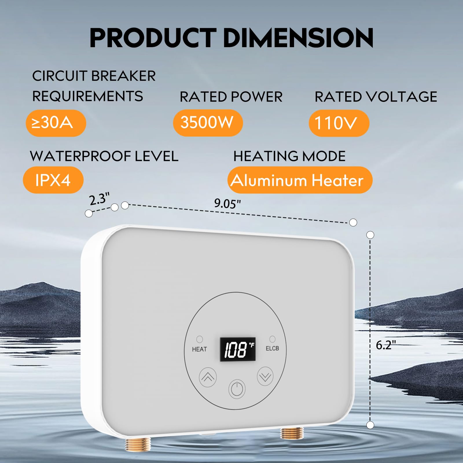 3.5KW White Electric Tankless Water Heater with LED Display - On Demand Instant Hot Water, Auto Control, Fault Self-Test & Fahrenheit/Celsius Conversion - Perfect for Small Apartments, RVs & Bathrooms