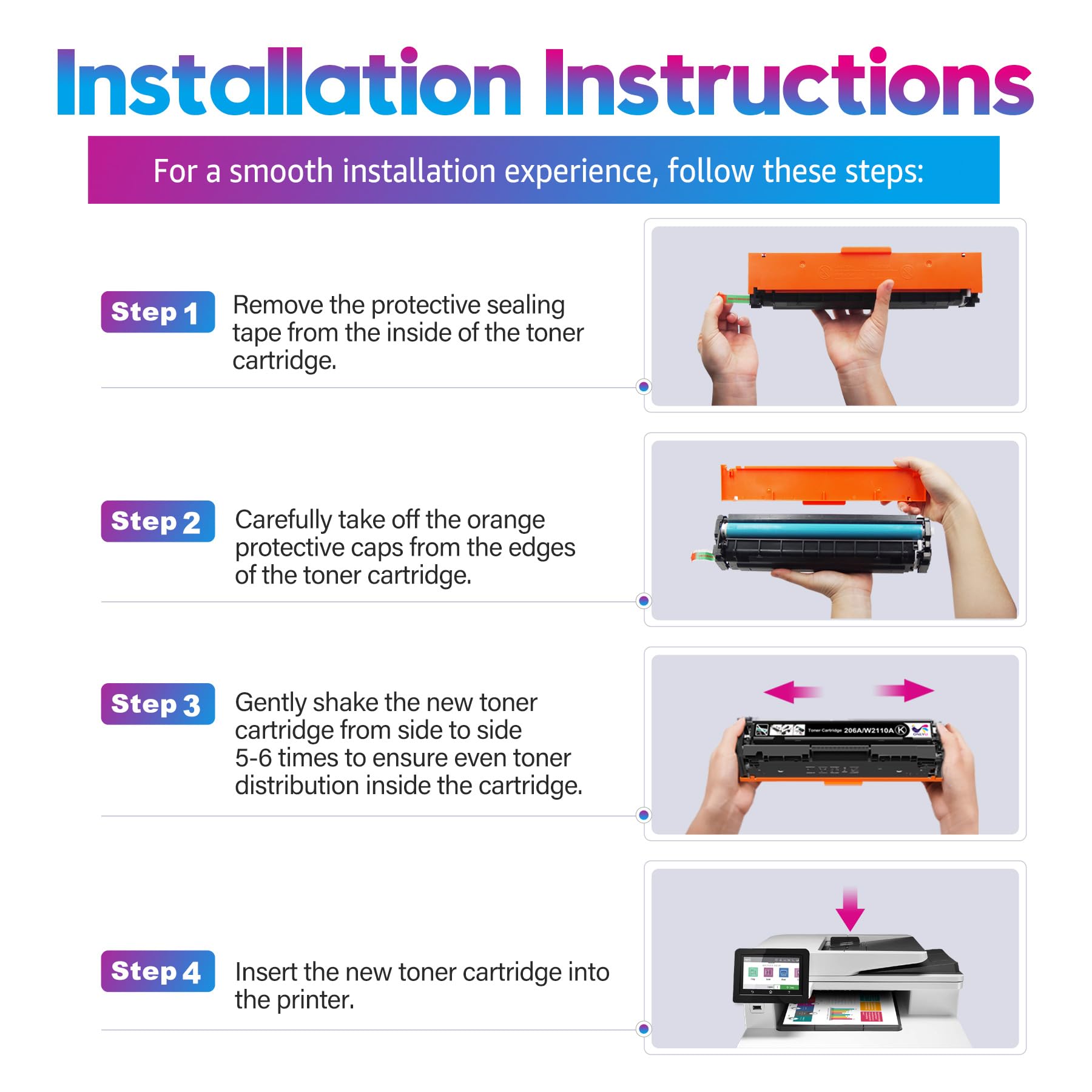 ONLYU Compatible Toner Cartridge Replacement for HP 206A 206X (4-Pack, CMYK) - Works with HP Color LaserJet Pro MFP M283fdw, M283cdw, M283fdn, M282mw, M255dw, M255nw, M283, M255, W2110A, W2110X - High Yield Printer Ink for Home & Office Printing