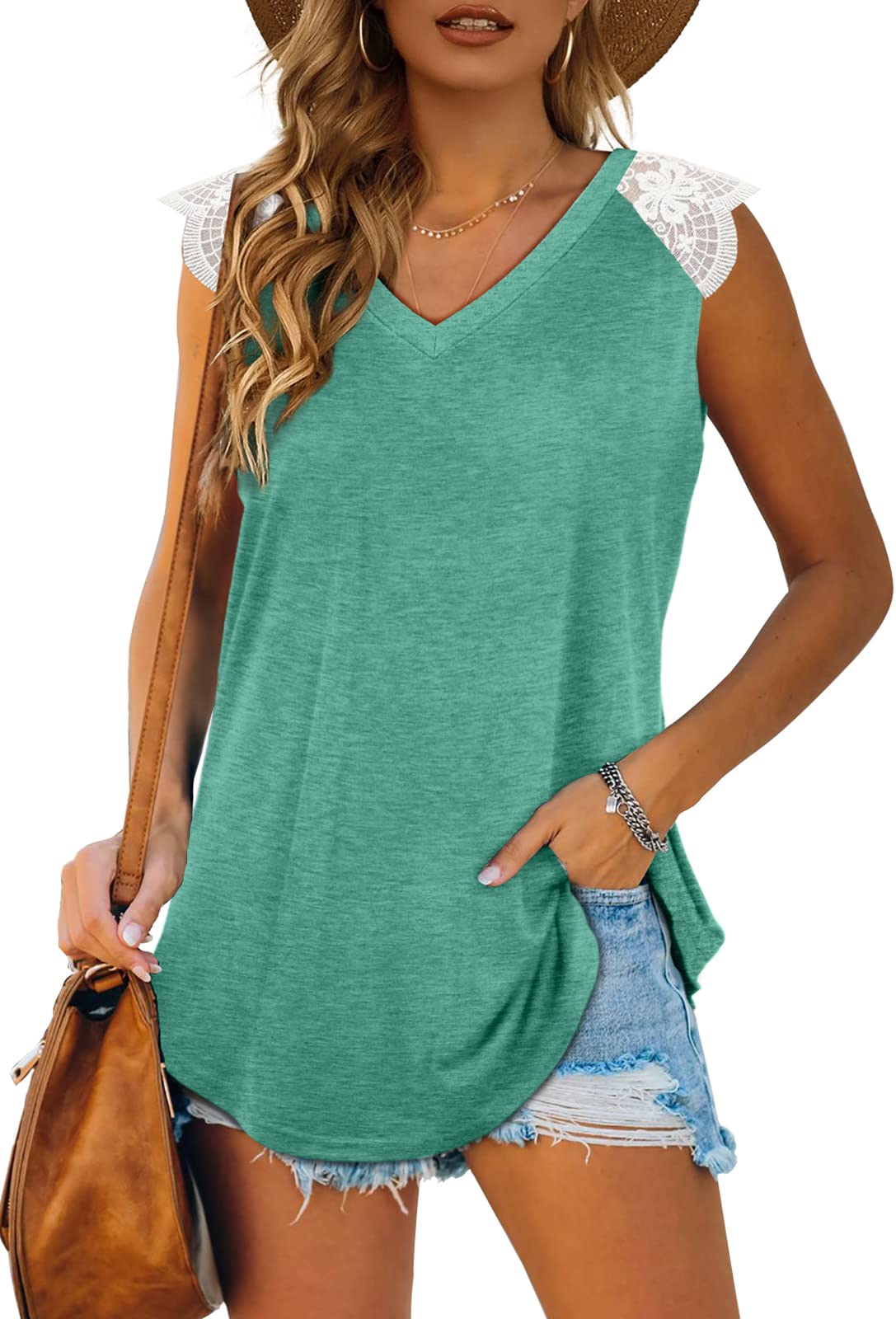 Women's Loose Fit Lace V-Neck Tank Tops - Summer Sleeveless Blouse for Casual Wear, Beach Outfits & Layering