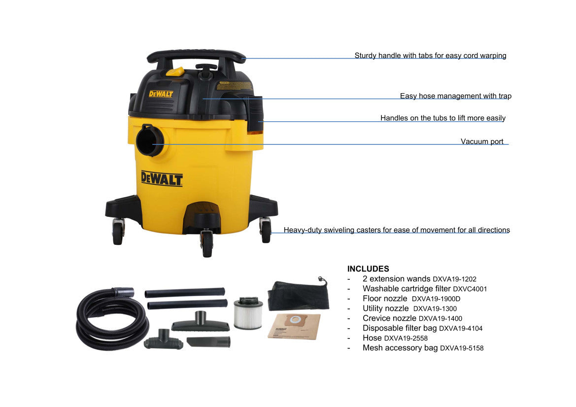 **DeWalt 5 Gallon 4.0 Peak HP Wet/Dry Vacuum Cleaner – Powerful Suction for Home, Garage, and Workshop Cleaning**