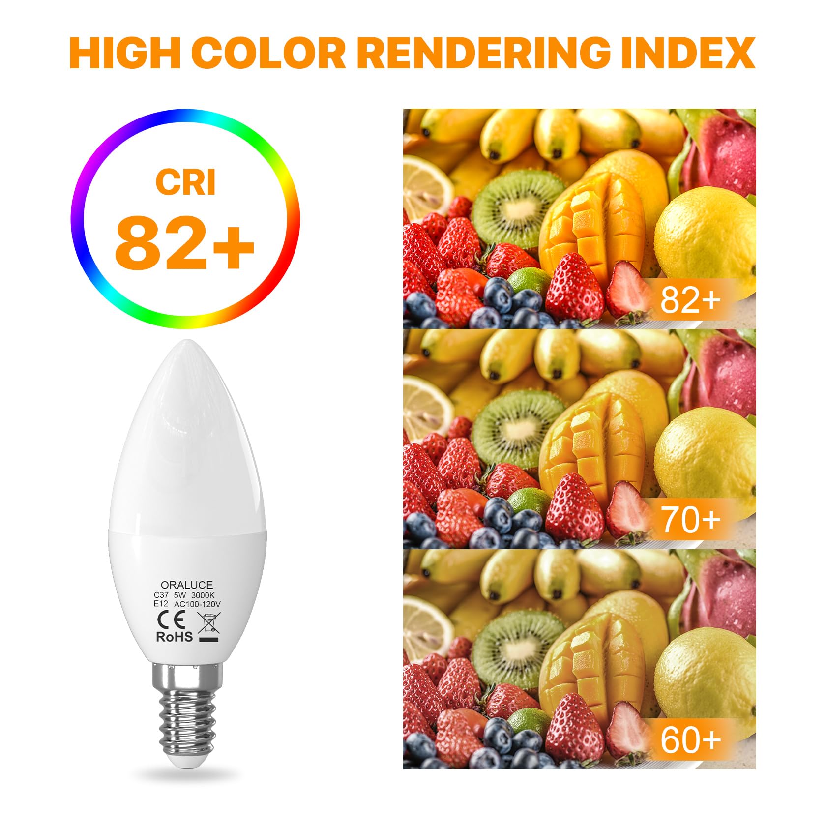 ORALUCE E12 LED Candelabra Light Bulbs - 40W Equivalent, 3000K Warm White, Non-Dimmable, 5W 450LM, Type B Chandelier Bulbs for Ceiling Fan, Chandelier, Sconce & Night Light (6 Pack) - Perfect for Bedroom, Living Room & Dining Room Lighting