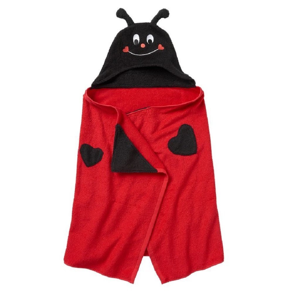 Jumping Beans Kids Hooded Bath Towel Wrap - Super Soft Absorbent Baby & Toddler Bathrobe with Fun Animal Ears (Red - Luvebug) for Post-Bath, Swimming & Beach Time