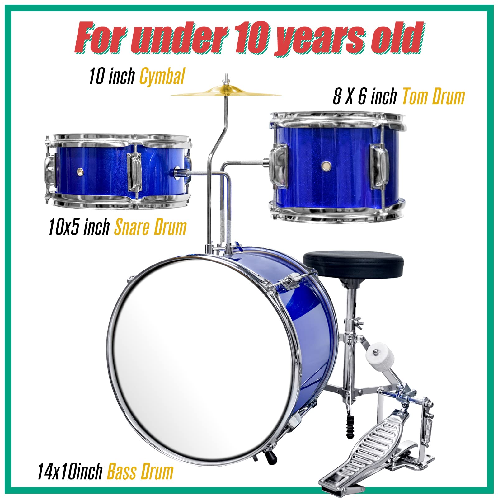 SLADE 3-Piece Kids Drum Set - Blue Children's Beginner Drum Kit with Stool & Sticks | Perfect for Birthday Gifts, Music Education & Home Playtime
