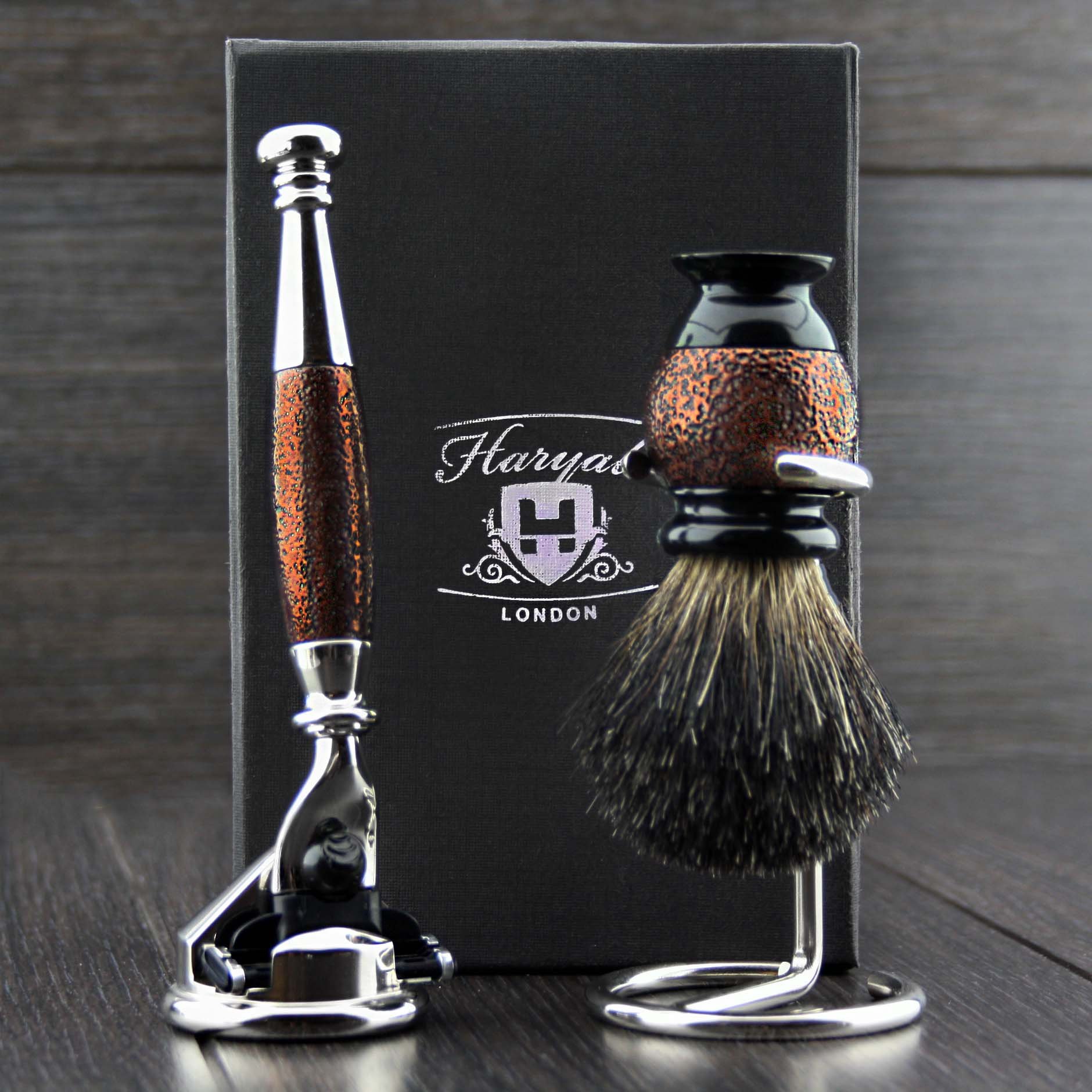 4 Piece Men's Shaving Kit with 3 Edge Razor, Black Badger Hair Shaving Brush & Stands - Premium Grooming Set for Smooth Shaving at Home or Travel