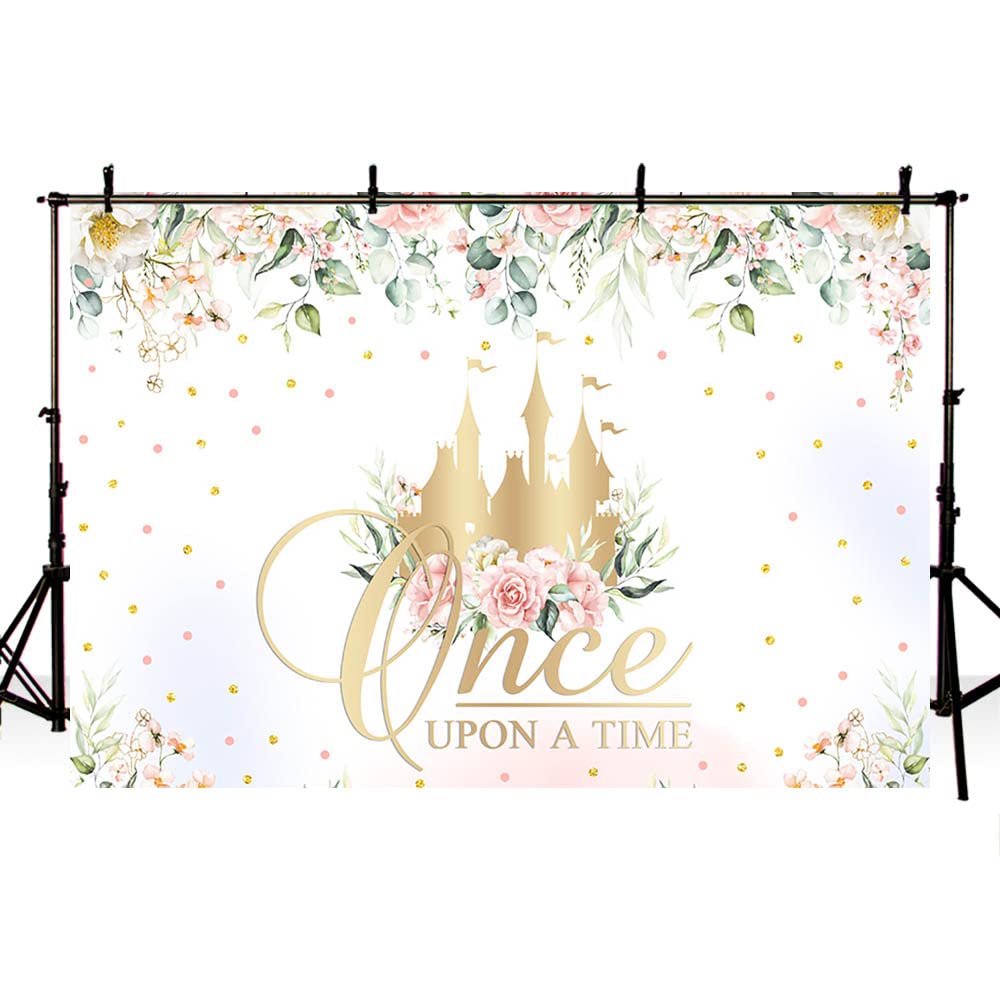 Sendy 7x5ft Once Upon a Time Backdrop - Fairy Tale Book Themed Birthday Party Decor, Princess Floral Castle Photography Background for Baby Showers, Cake Tables & Photo Props (Pink & Gold) - Perfect for Girls' Birthday Parties, Baby Showers & Themed Photoshoots