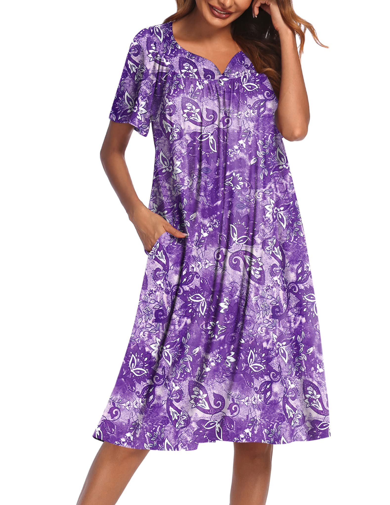 Ekouaer Women's Casual Short Sleeve House Dress with Pockets - Soft Comfortable Lounge Dress for Home, Morning Coffee, and Relaxing Outdoors
