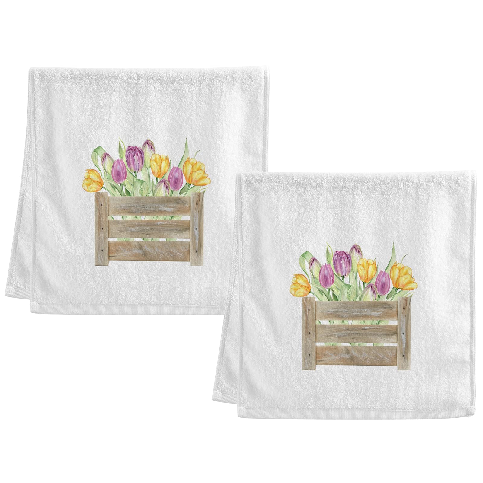 ALAZA Yellow Tulip Cotton Hand Towel Set of 2 - 16x30 Inch Soft & Absorbent Bath Towels for Hotel, Spa & Home Bathroom Decor - Perfect for Guest Rooms, Luxury Bathrooms & Gifting