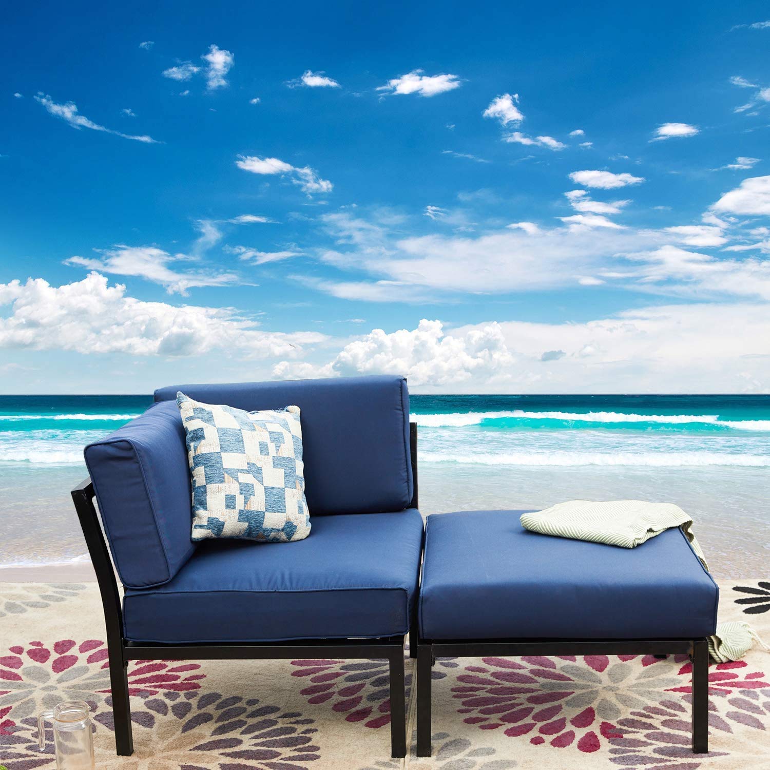 LOKATSE HOME 2-Piece Outdoor Patio Furniture Set - Blue Steel Frame Sectional Loveseat Couch with Ottoman for Balcony, Garden, Backyard & Poolside Relaxation