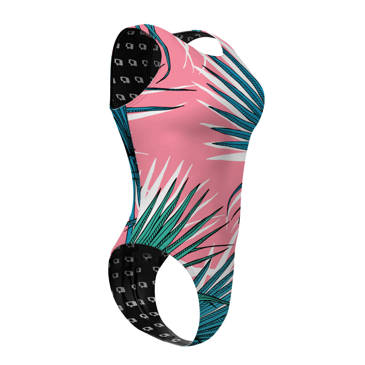 Women's Cheeky Cut Water Polo Swimsuit - Pink Palm Print - Perfect for Competitive Swimming, Beach Volleyball & Summer Water Sports
