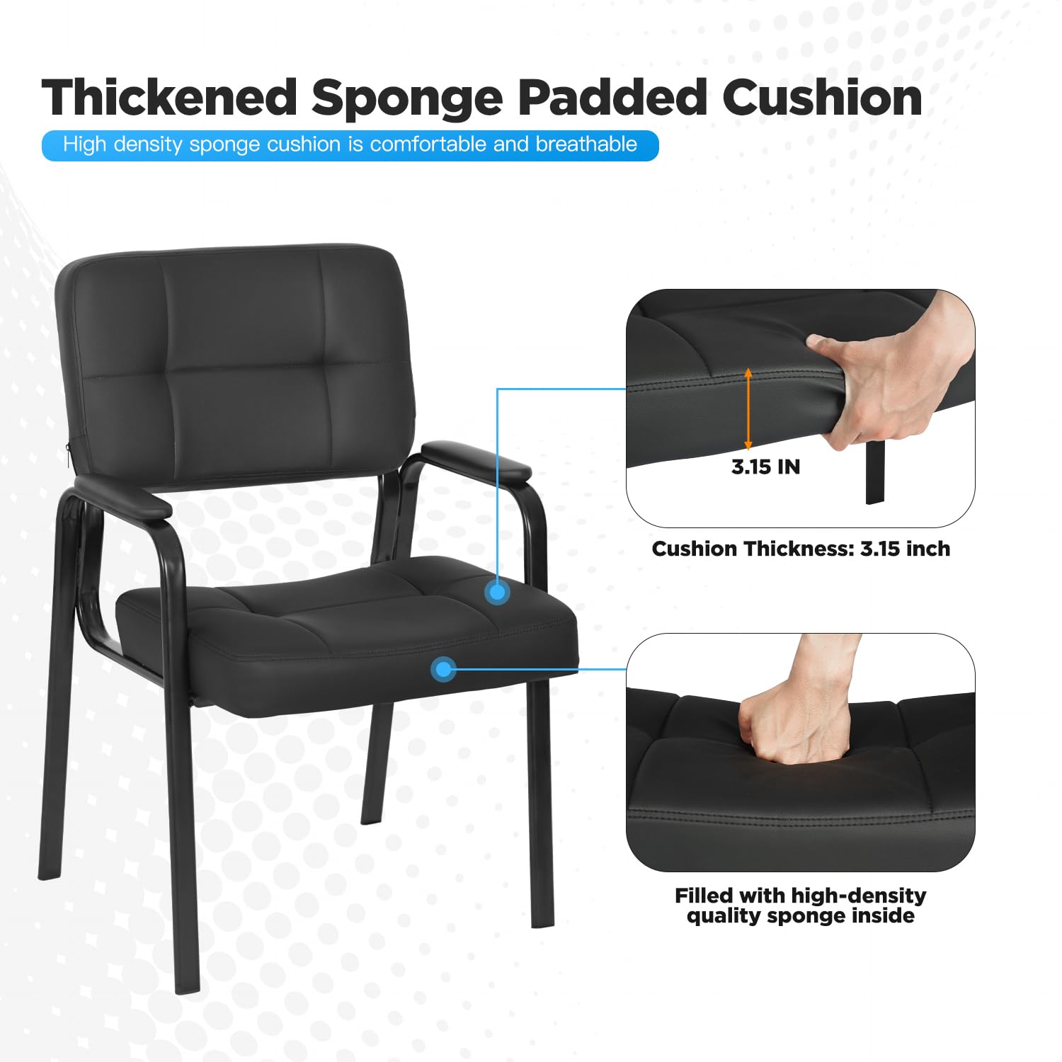 FDW Office Guest Chair - PU Leather Reception Waiting Room Chair with Padded Armrests, No Wheels, Black - Perfect for Home Office, Meeting Rooms, and Lobby Seating