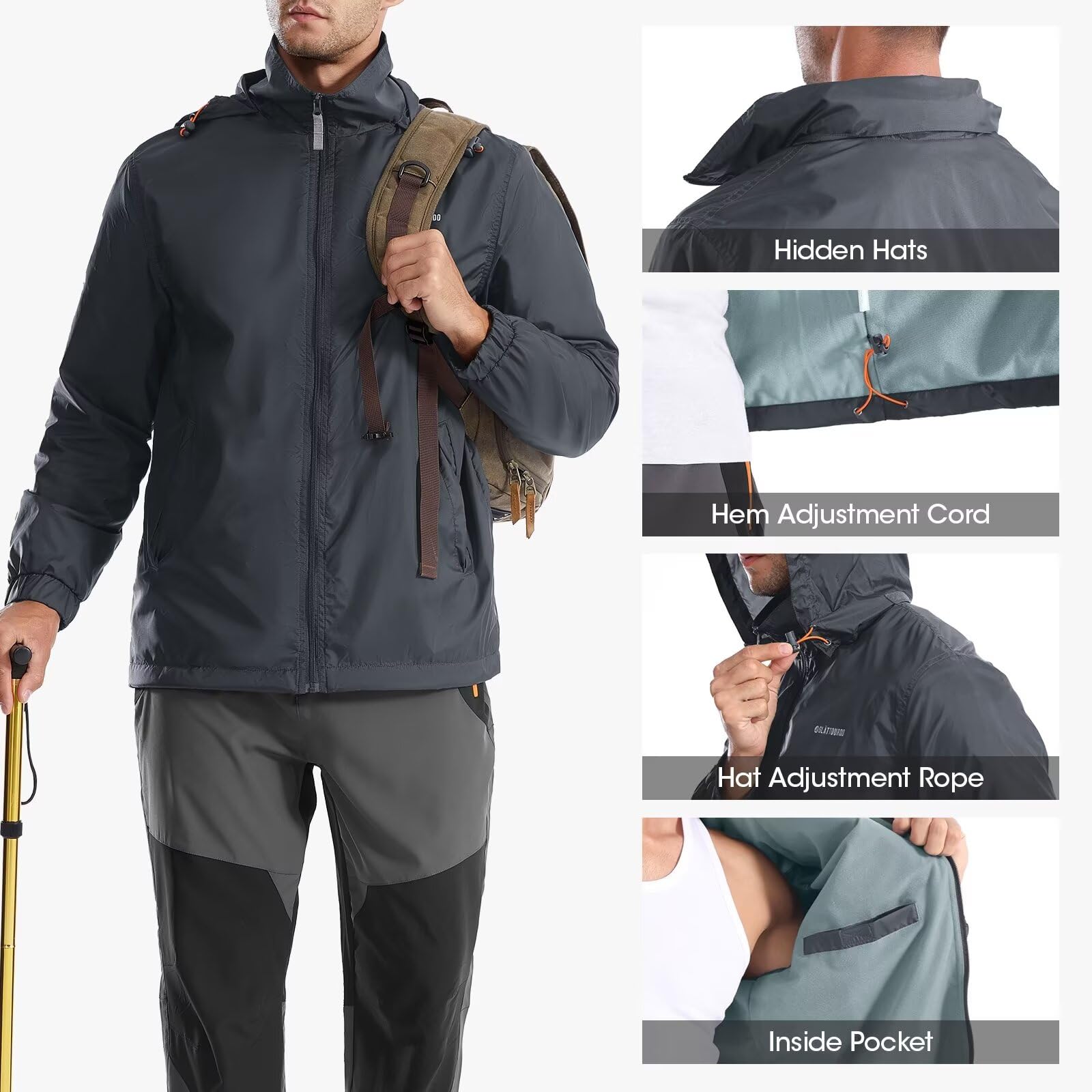 Men's Waterproof Jacket - Lightweight Windbreaker for Hiking & Travel