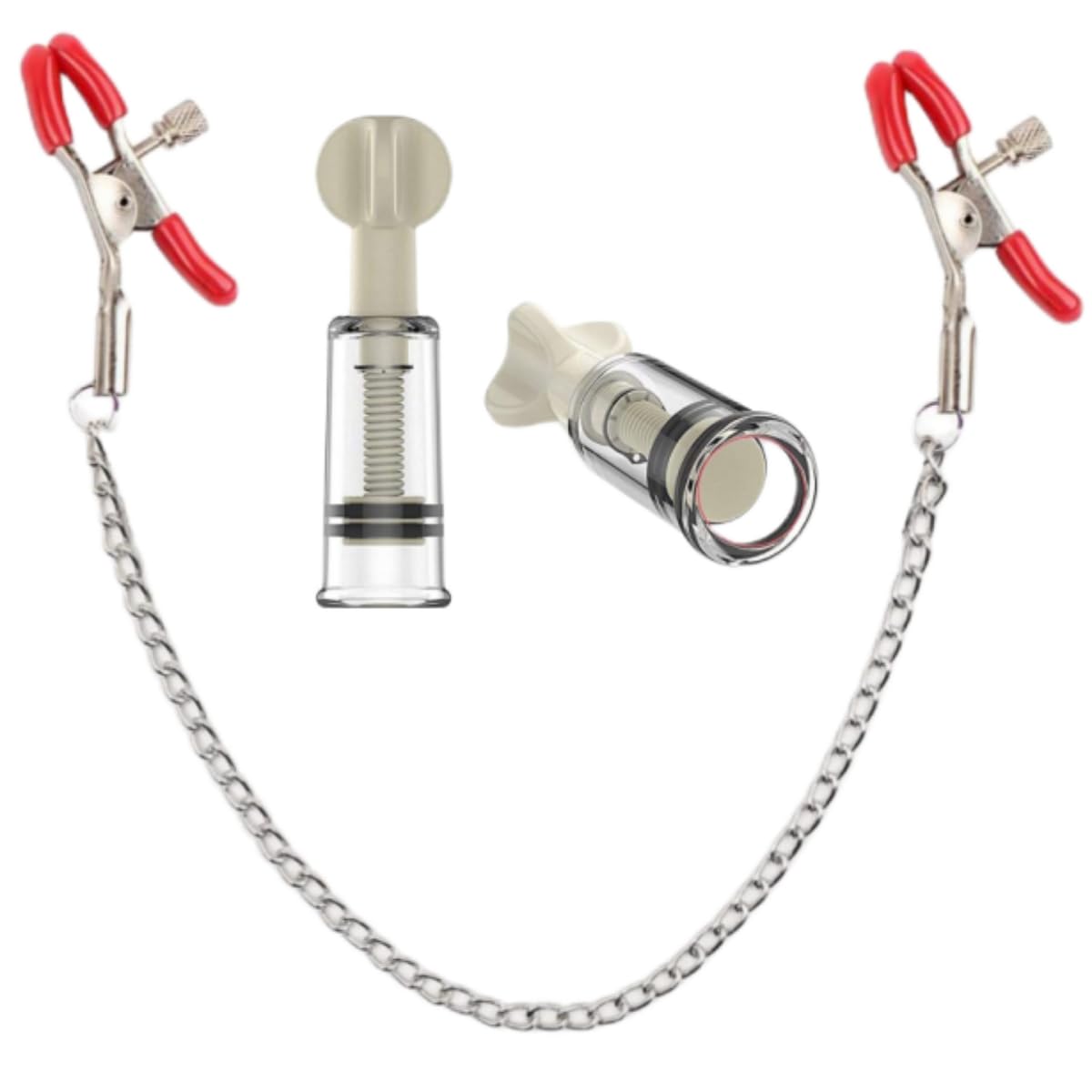 Adjustable Non-Piercing Nipple Clips & Suckers Set - Stainless Steel Body Jewelry with Chain for Women (Red) - Perfect for Sensual Play, BDSM and Intimate Accessories