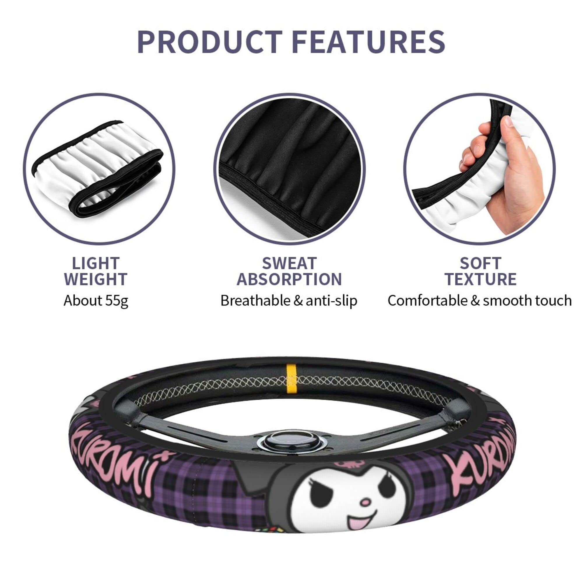 15 Inch Cute Cartoon Steering Wheel Cover with 2PCS Car Coasters - Kawaii Car Accessories for Women & Girls - Perfect for Daily Commute & Road Trips