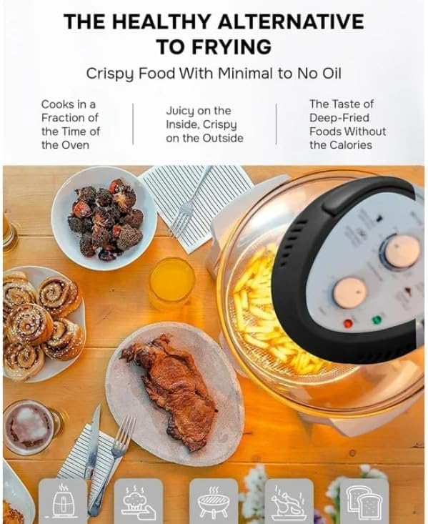 16Qt Air Fryer Toaster Oven Combo - 1300W Countertop Convection Oven with Rotisserie & Large Glass Bowl - Perfect for Baking, Roasting, Air Frying - Black (Ideal for Small Kitchens, Dorms, Apartments)