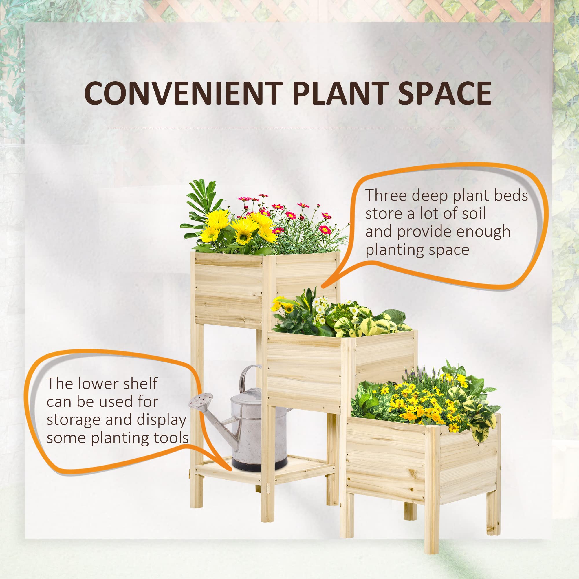 Outsunny 3-Tier Raised Garden Bed with Storage Shelf | Elevated Wooden Planter Box for Vegetables, Herbs & Flowers | Perfect for Patio, Balcony & Backyard Gardening