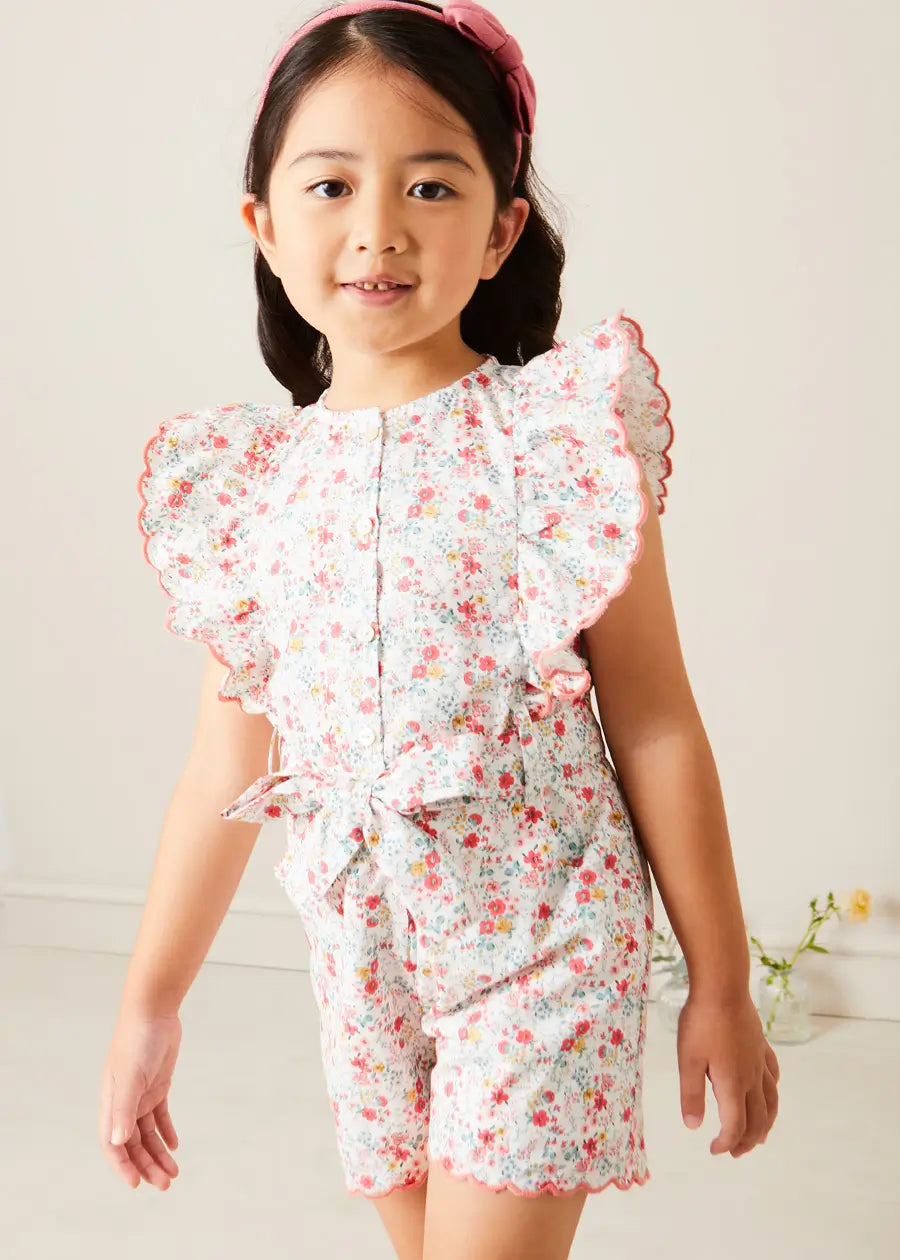 Louisa Floral Ruffle Detail Pink Playsuit for Girls 4-12 Years | Summer Romper Jumpsuit for Outdoor Play & Birthday Parties