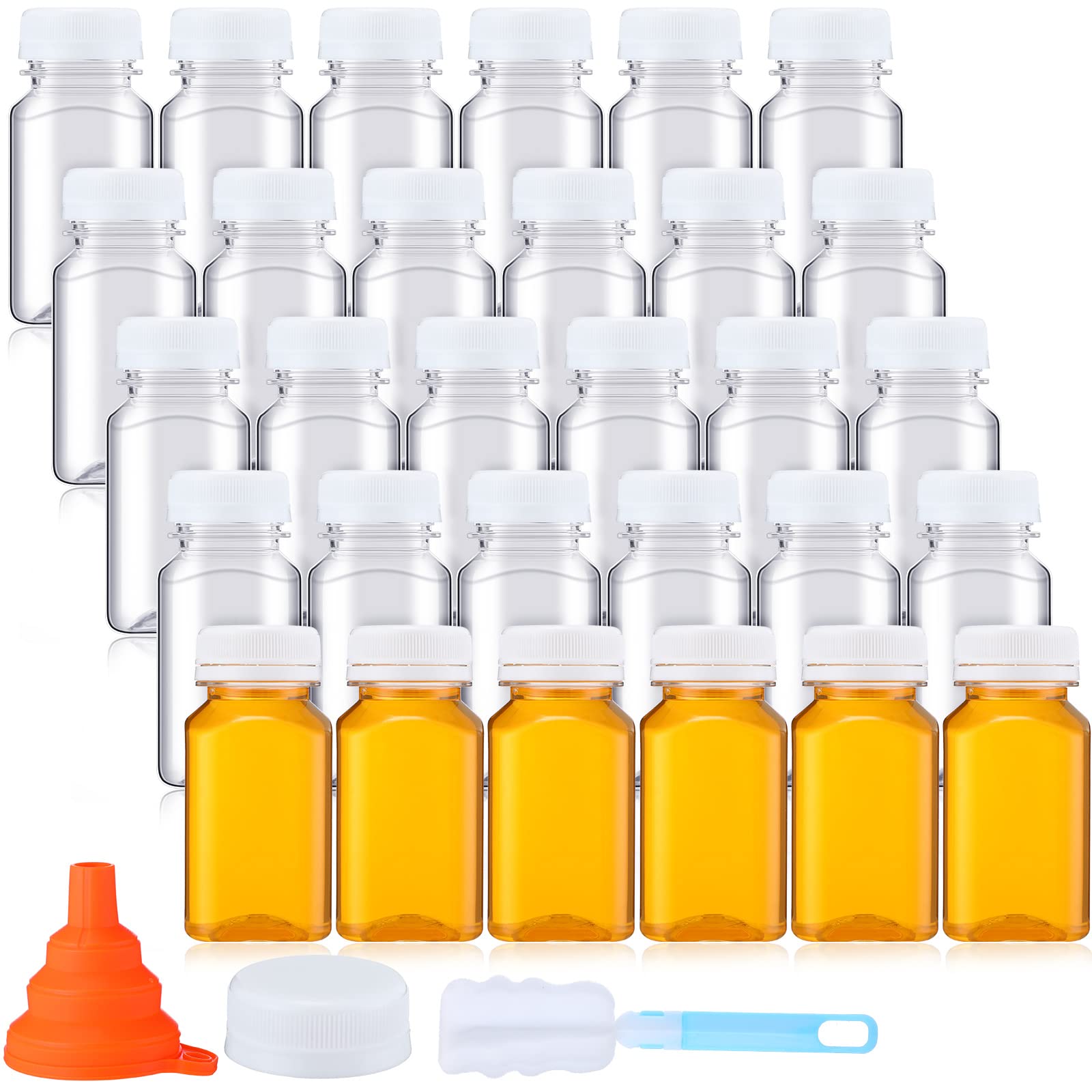 Nuogo 36 Pack 5 oz Plastic Juice Bottles with Lids - Reusable Clear Drink Containers for Juicing, Milk, Water & Beverages | Includes Funnel & Brush | Perfect for Home, Party, Restaurant & Catering (White Lid)