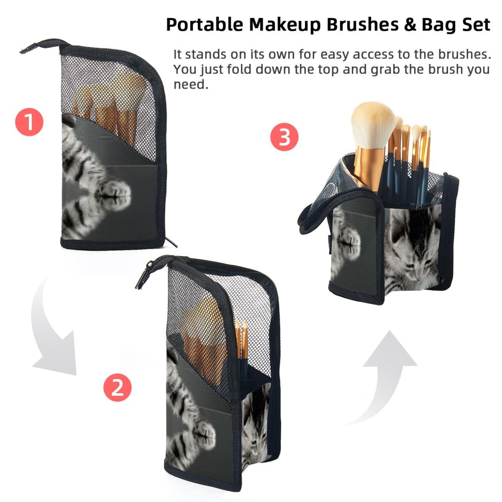 Premium Makeup Brush Organizer Bag with 12 Slots, Mirror & Cute Cat Design - Portable Cosmetic Brush Holder Case for Travel, Home Vanity & Professional Makeup Artists