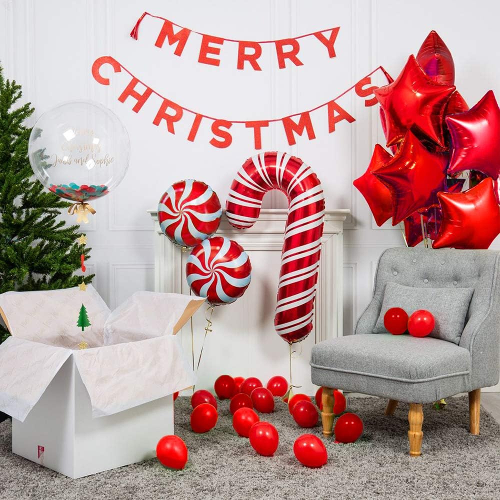 Bonropin Christmas Balloon Arch Kit - 120pcs Red & White Balloons, Candy Balloons, Red Star & Candy Cane Foil Balloons for Xmas Party Decorations | Perfect for Christmas Tree Decor, Holiday Home Decoration & Festive Party Backdrops