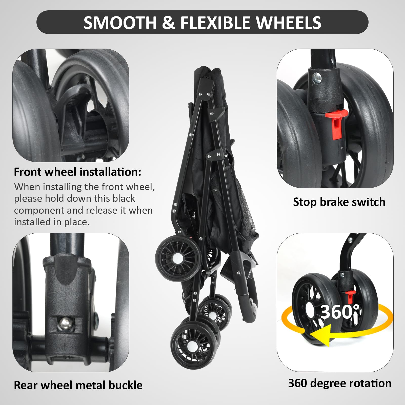 Premium 4-Wheel Pet Stroller for Small & Medium Dogs & Cats Up to 30lbs - Foldable Design with Storage Basket & Cup Holder (Black) - Perfect for Vet Visits, Shopping Trips & Outdoor Adventures
