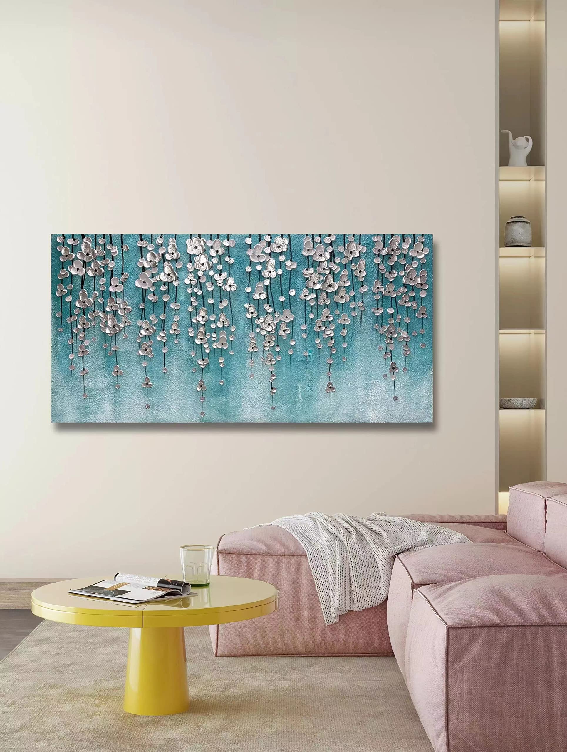 Yika Art 24x48 Inch Modern Abstract Oil Painting - Hand Painted Canvas Wall Art Decor for Living Room, Bedroom & Office - Silver Flower Abstract Artwork in Blue | Perfect for Home Decoration & Gift Giving