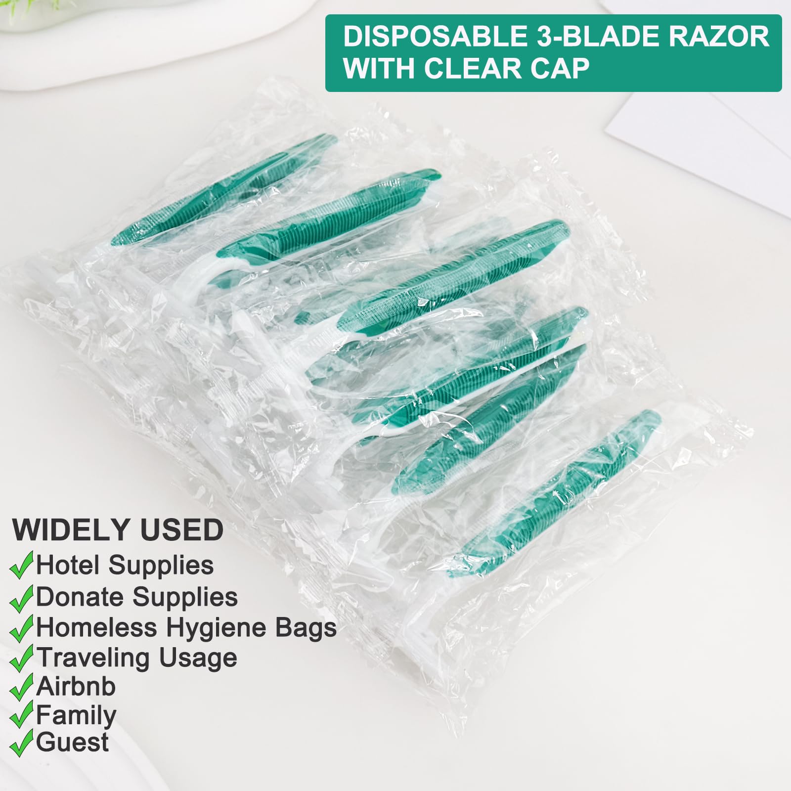 50 Pack Disposable Razors for Men & Women - Bulk Single Use 3 Blade Shaving Razors with Clear Cap - Individually Wrapped for Travel, Hotels, Charity, Airbnb - Perfect for Homeless Shelters, Hospitals & Emergency Kits