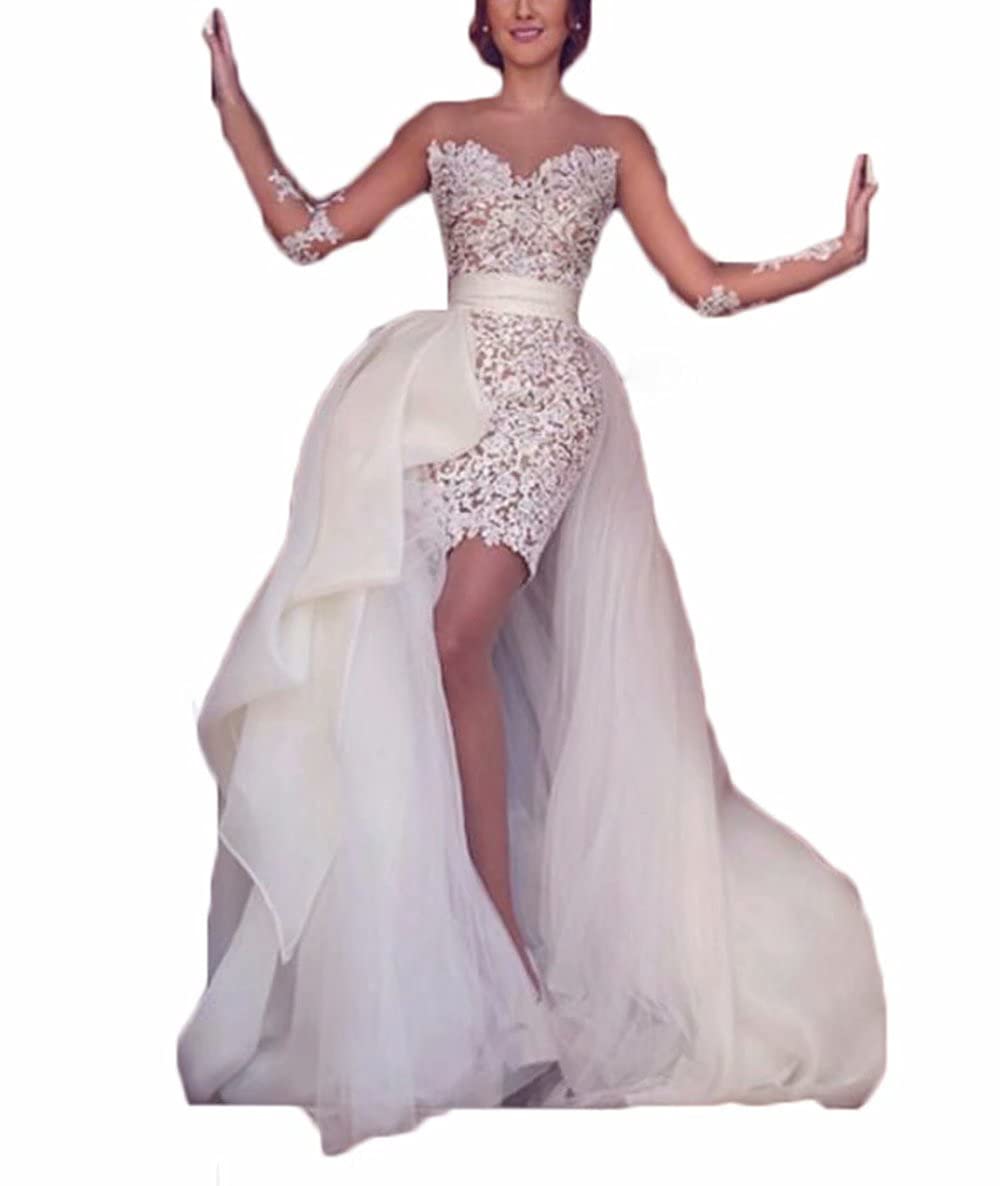 Alilith.Z Sexy Illusion Lace Wedding Dress for Bride - Long Sleeve Mermaid Bridal Gown with Detachable Train | Perfect for Beach, Church & Outdoor Wedding Ceremonies