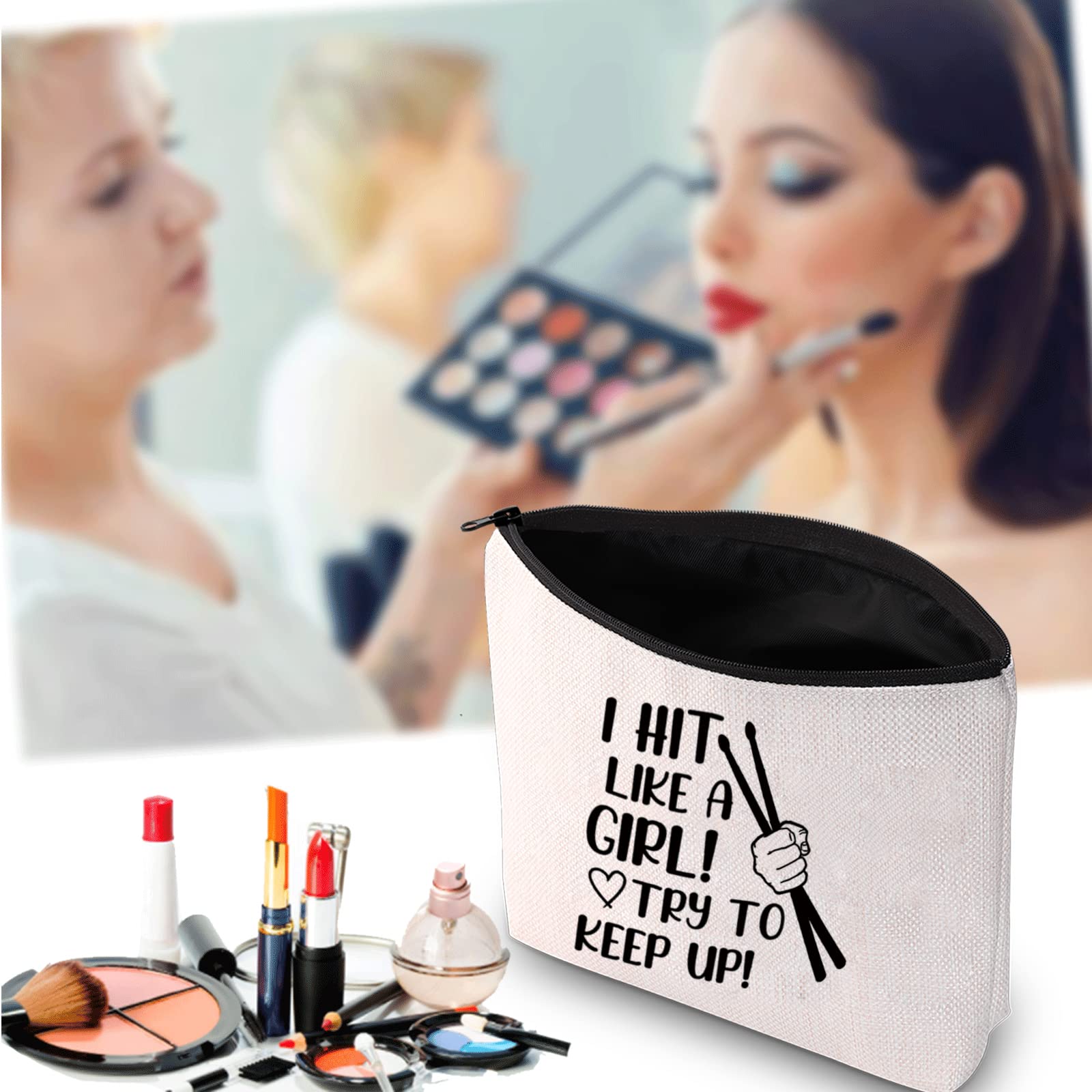 Drummer Cosmetic Bag - 'I Hit Like A Girl Try To Keep Up' Makeup Pouch, Drum Travel Toiletry Bag for Musicians | Perfect Gift for Drummers, Band Members & Music Lovers (Great for Concerts, Tours & Music Festivals)