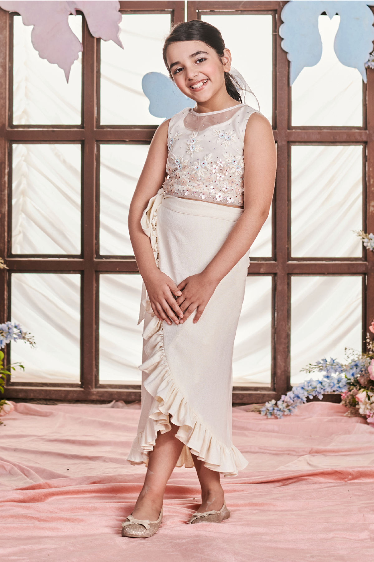 Carmine Organza Bib with Wrap Around Skirt and Crop Top Set of 3 - Elegant 3-Piece Outfit for Parties, Weddings & Special Occasions