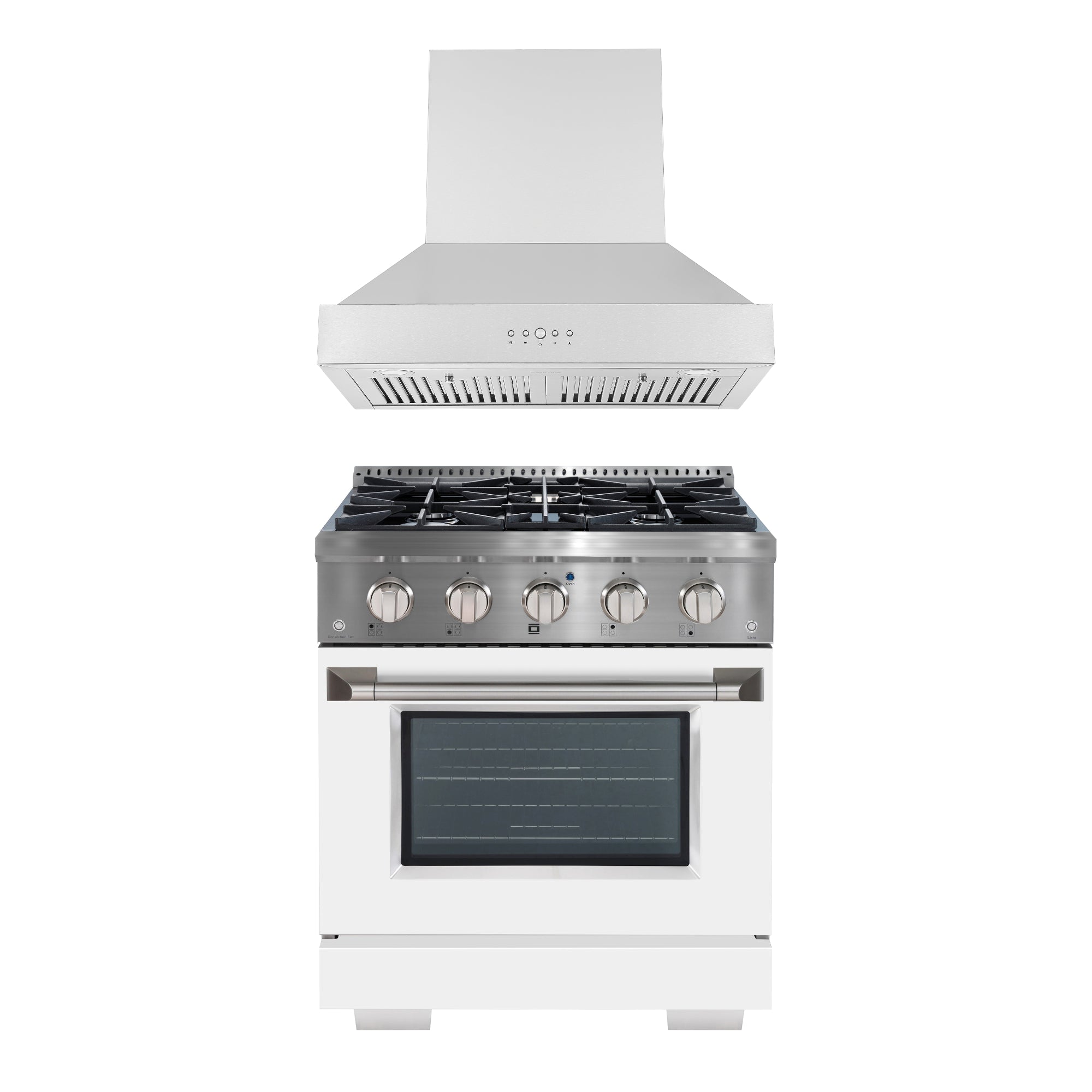 Ancona 2-Piece Kitchen Appliance Set: 30-Inch Dual Fuel Range with White Door & 600 CFM Wall-Mounted Range Hood – Perfect for Modern Home Cooking & Ventilation