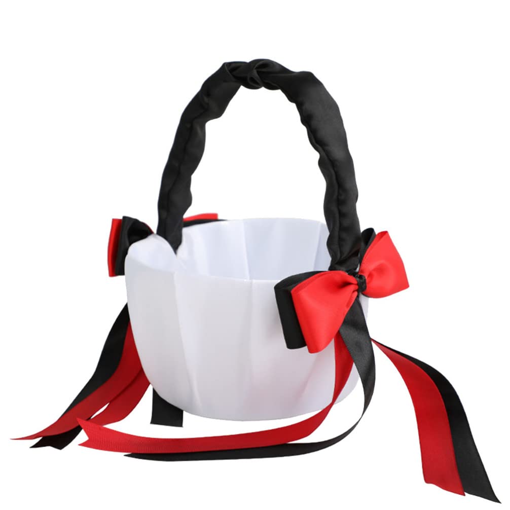 Elegant Black and Red Bowknot Flower Girl Basket with Handle - Wedding Ceremony Party Decoration for Romantic Bridal Showers, Receptions & Photo Props