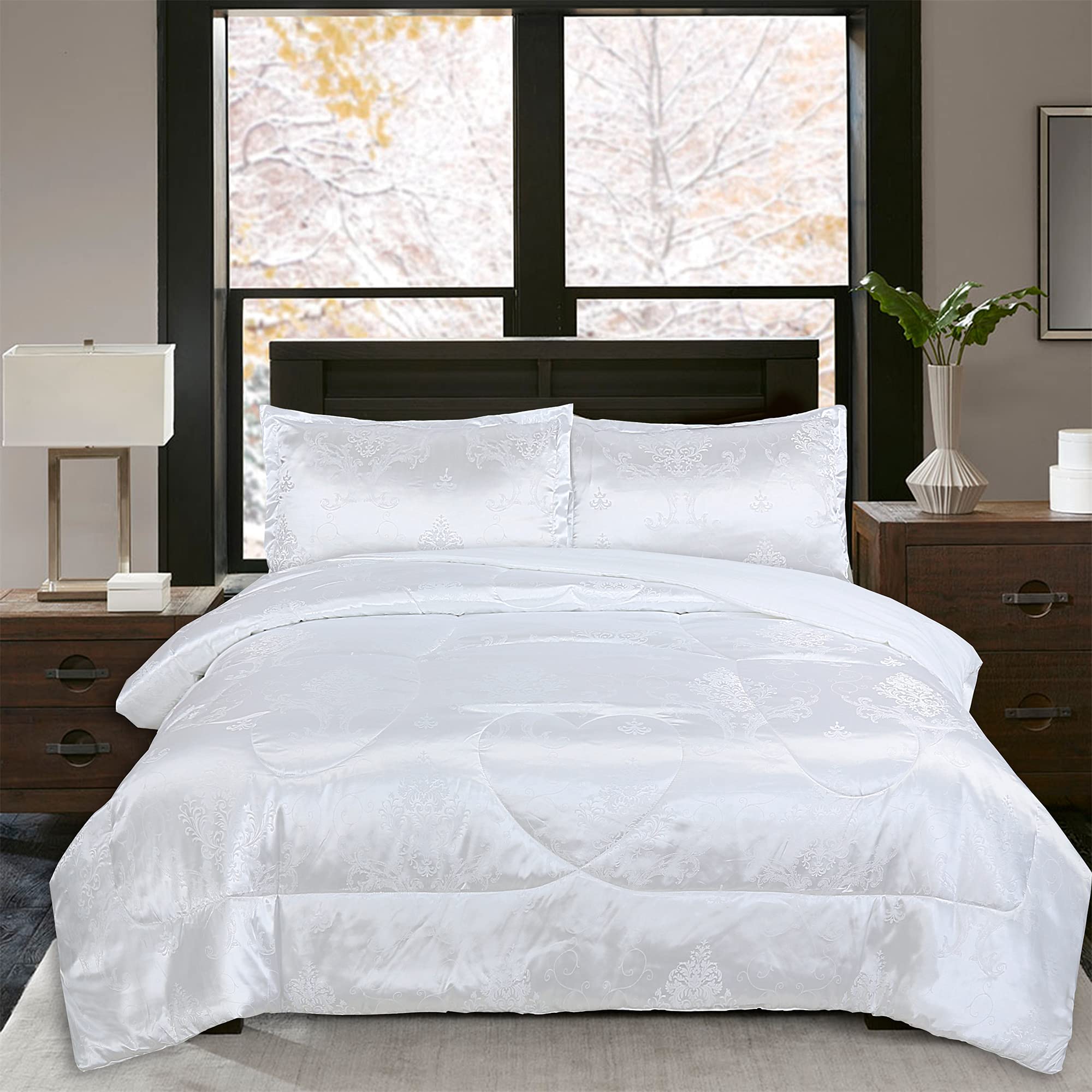 Luxury White King Size Comforter Set - 3 Piece Silk Jacquard Ultra Soft Bedding Set | Lightweight Quilt Blanket for King Bed (104x90 Inches) | Perfect for Master Bedroom, Guest Room & Hotel Decor