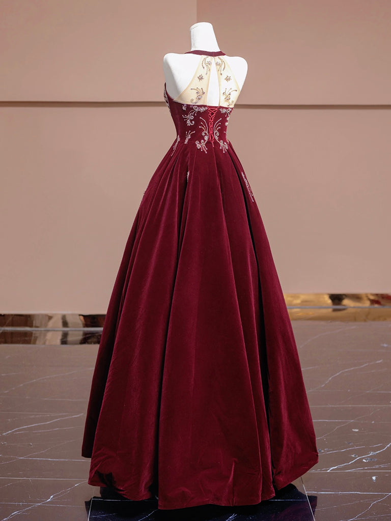 Elegant A-Line Velvet Beads Sequin Burgundy Long Prom Dress - Formal Evening Gown for Homecoming, Wedding, Ballroom Dance & Special Occasions