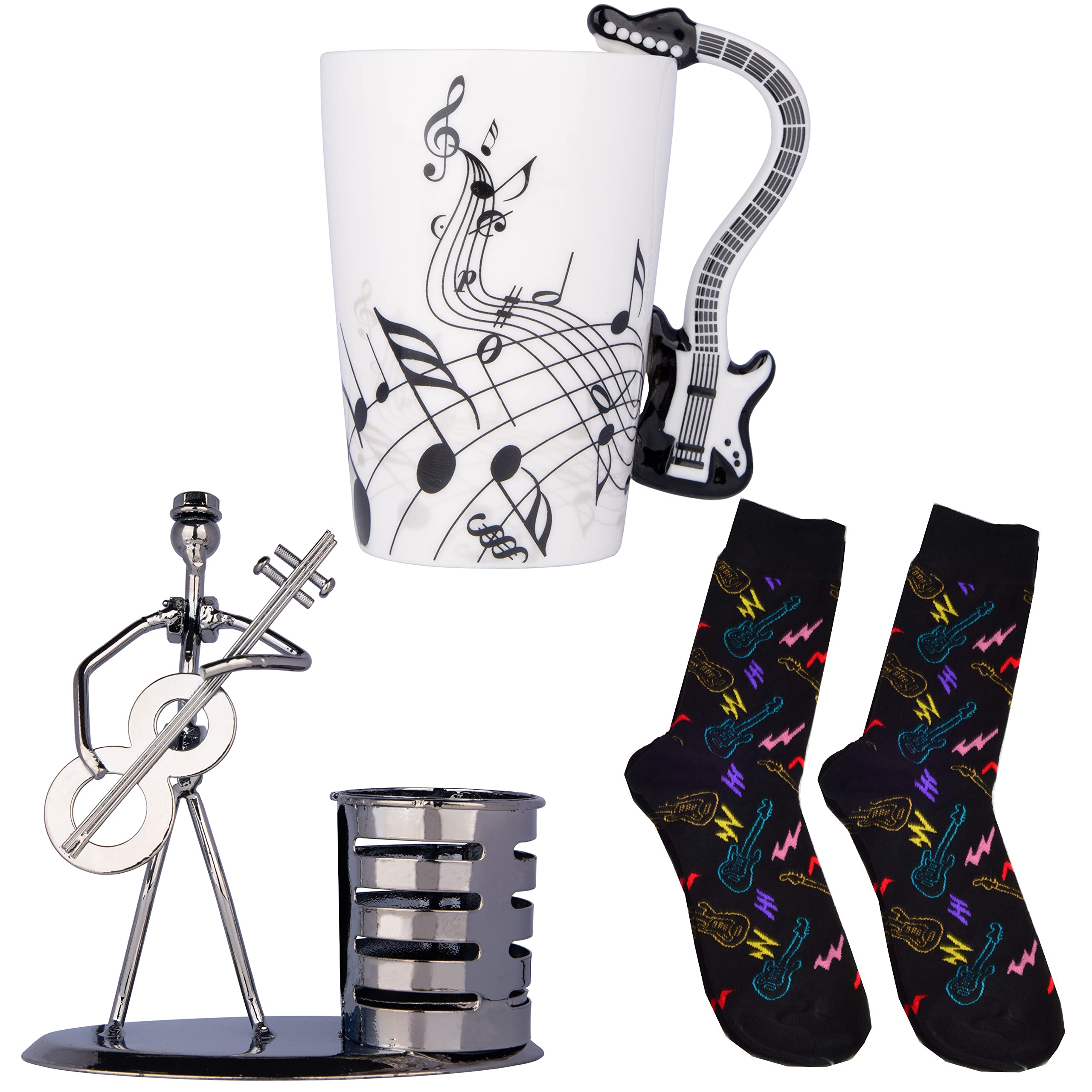 Unique Guitar Gifts for Music Lovers - Ceramic Coffee Mug, Socks & Pen Holder - Perfect Christmas & Birthday Presents - Ideal for Musicians, Guitarists & Coffee Drinkers