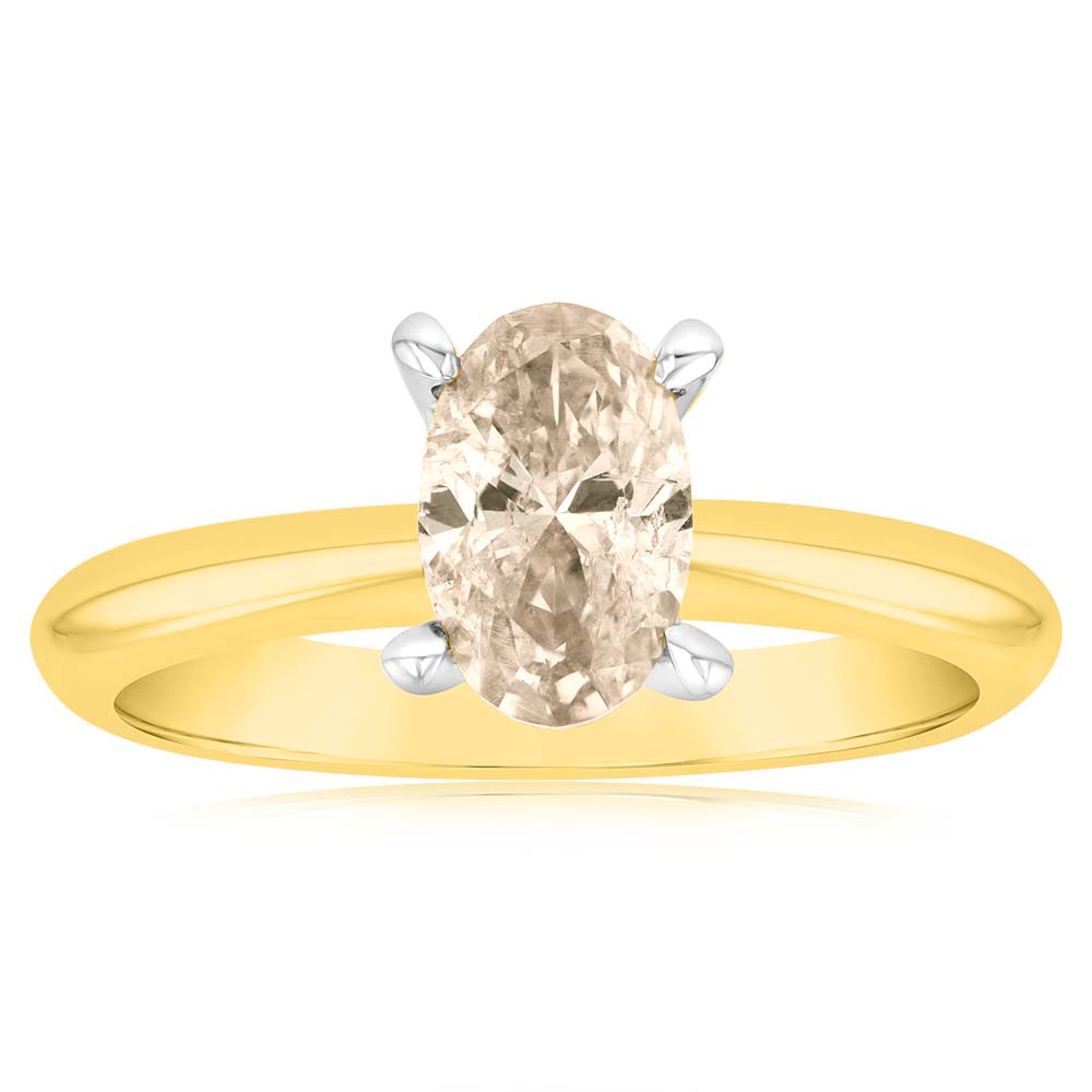 18ct Yellow Gold Diamond Ring with 1 Carat Oval Champagne Australian Diamond - Elegant Engagement & Wedding Jewelry for Women