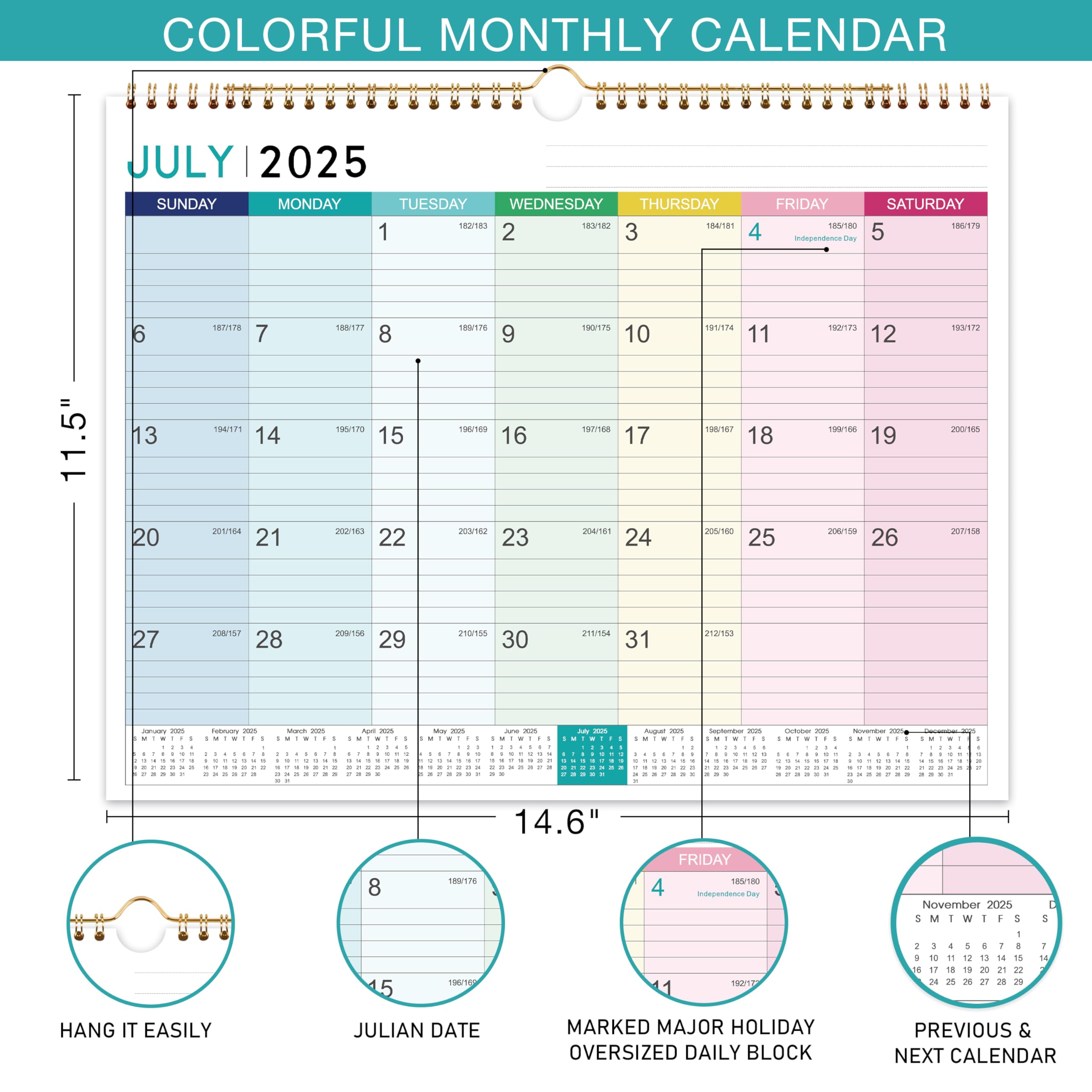2025-2026 Wall Calendar with Hanging Hook | 18-Month Planner from March 2025 to August 2026 | Thick Paper 15