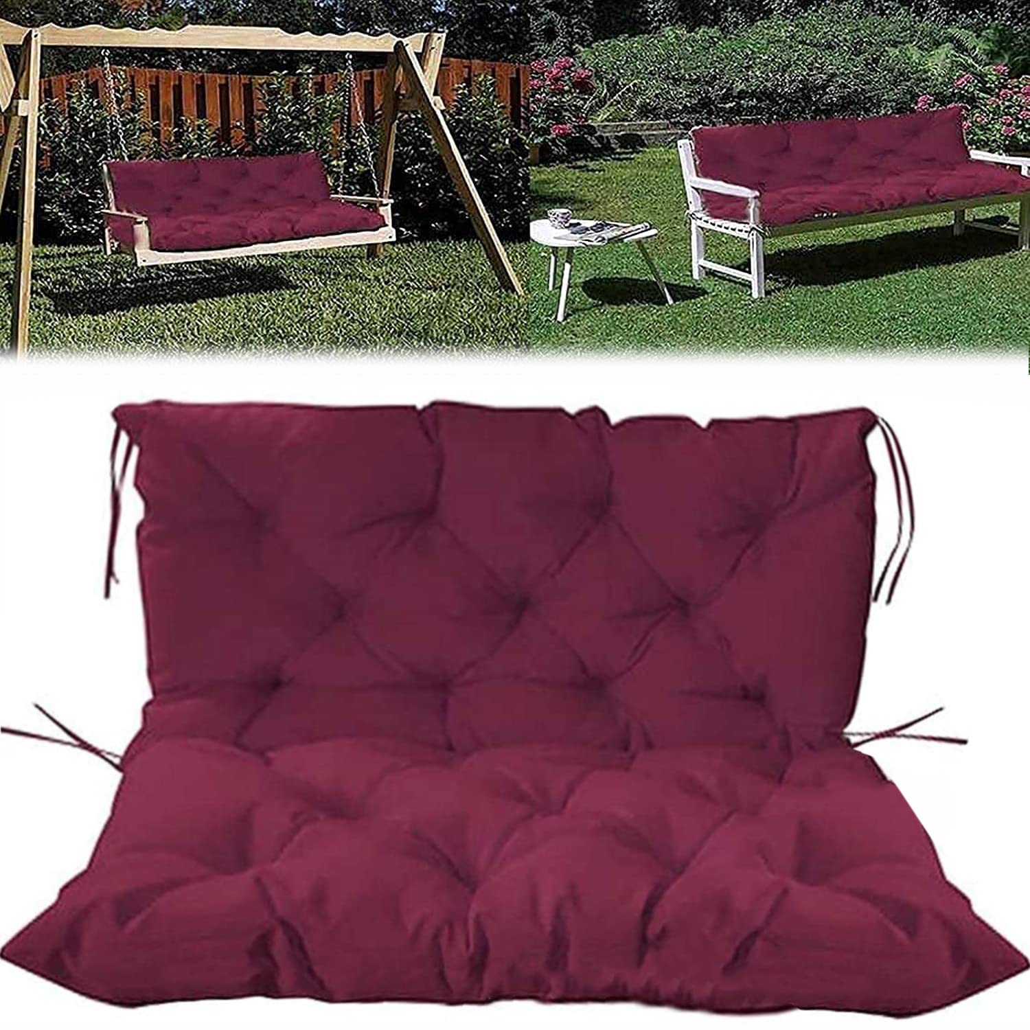 Premium 2/3 Seat Outdoor Swing Cushions - Waterproof Garden Bench Cushions with Backrest & Non-Slip Ties - 40x40 Inch Overstuffed Patio Swing Cushions (Wine Red) - Perfect for Porch, Deck, Backyard & Outdoor Relaxation