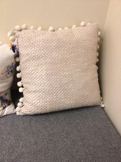 Pier 1 Light Pink and Cream Decorative Throw Pillow with Elegant Pouf Fringe - Perfect for Sofa, Bedroom & Boho Home Decor